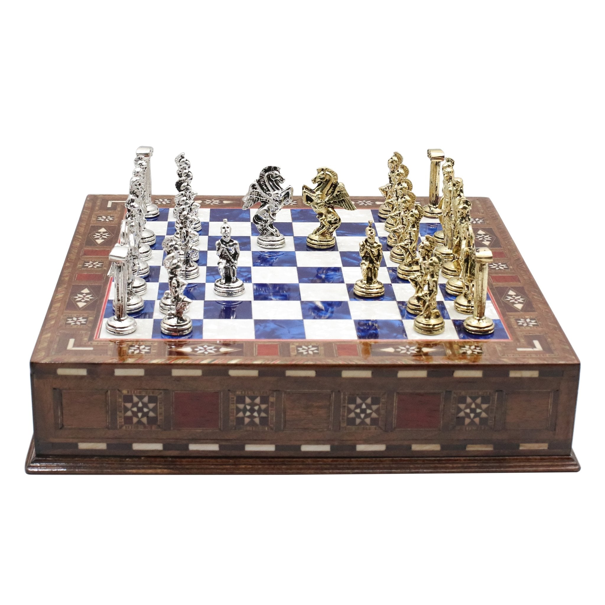 Handmade Inlay Chess Set with Drawer Storage 30 CM (12") - Die Cast Metal Pieces | Greek Mythology Pegasus - Cooper Chess