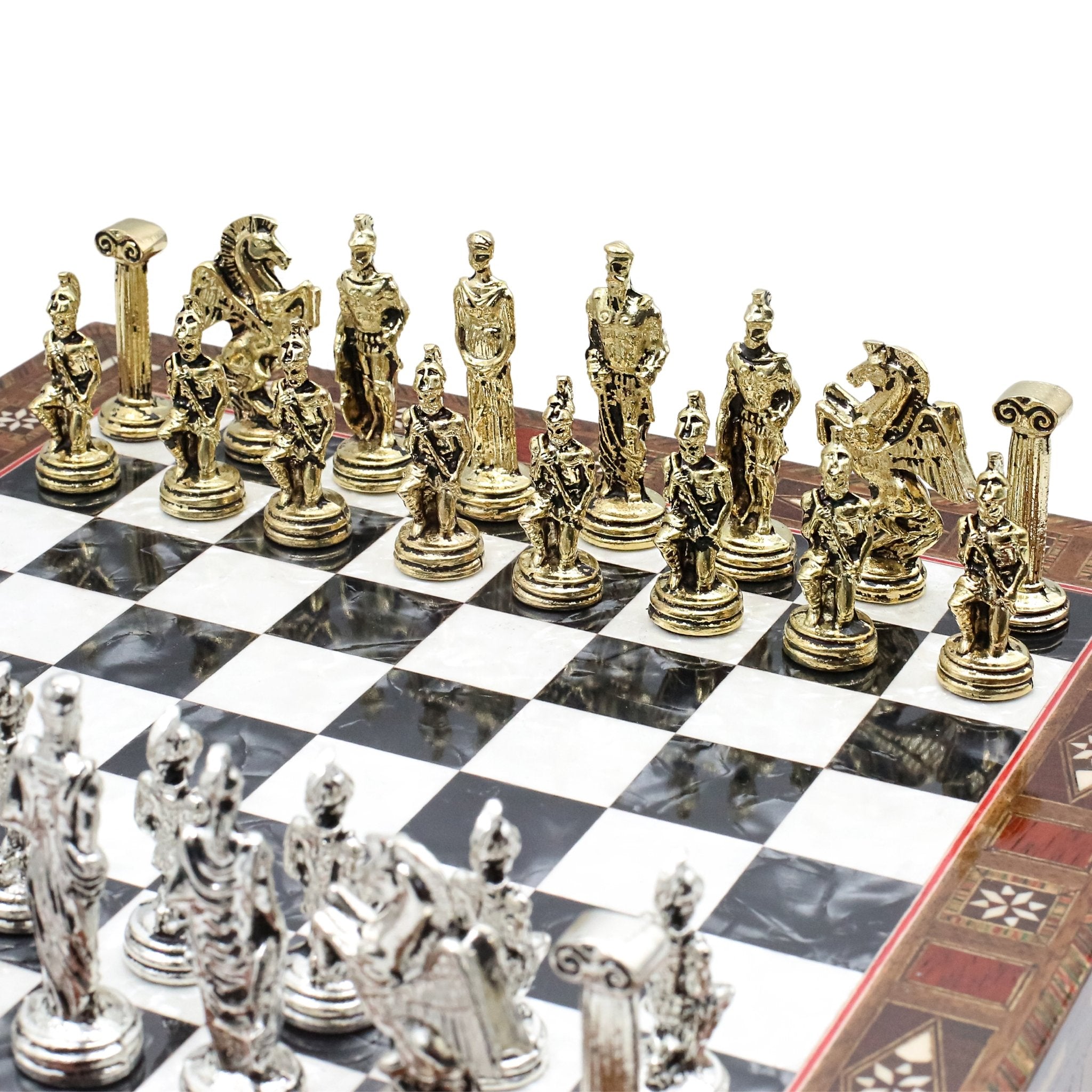 Handmade Inlay Chess Set with Drawer Storage 30 CM (12") - Die Cast Metal Pieces | Greek Mythology Pegasus - Cooper Chess