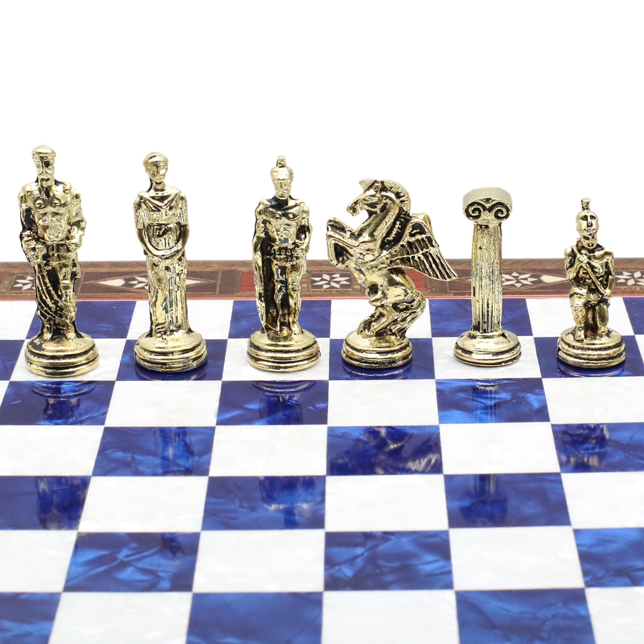 Handmade Inlay Chess Set with Drawer Storage 30 CM (12") - Die Cast Metal Pieces | Greek Mythology Pegasus - Cooper Chess