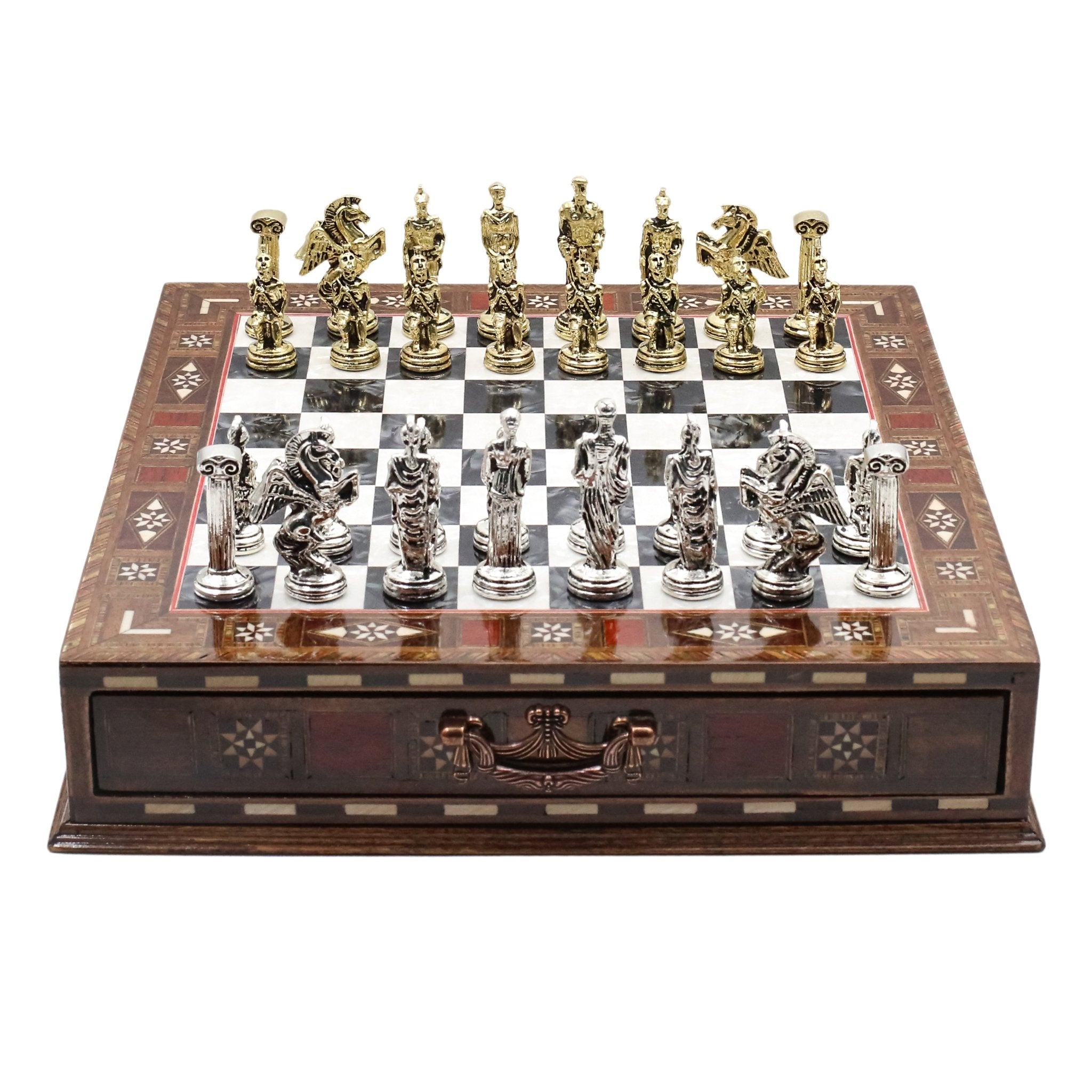 Handmade Inlay Chess Set with Drawer Storage 30 CM (12") - Die Cast Metal Pieces | Greek Mythology Pegasus - Cooper Chess