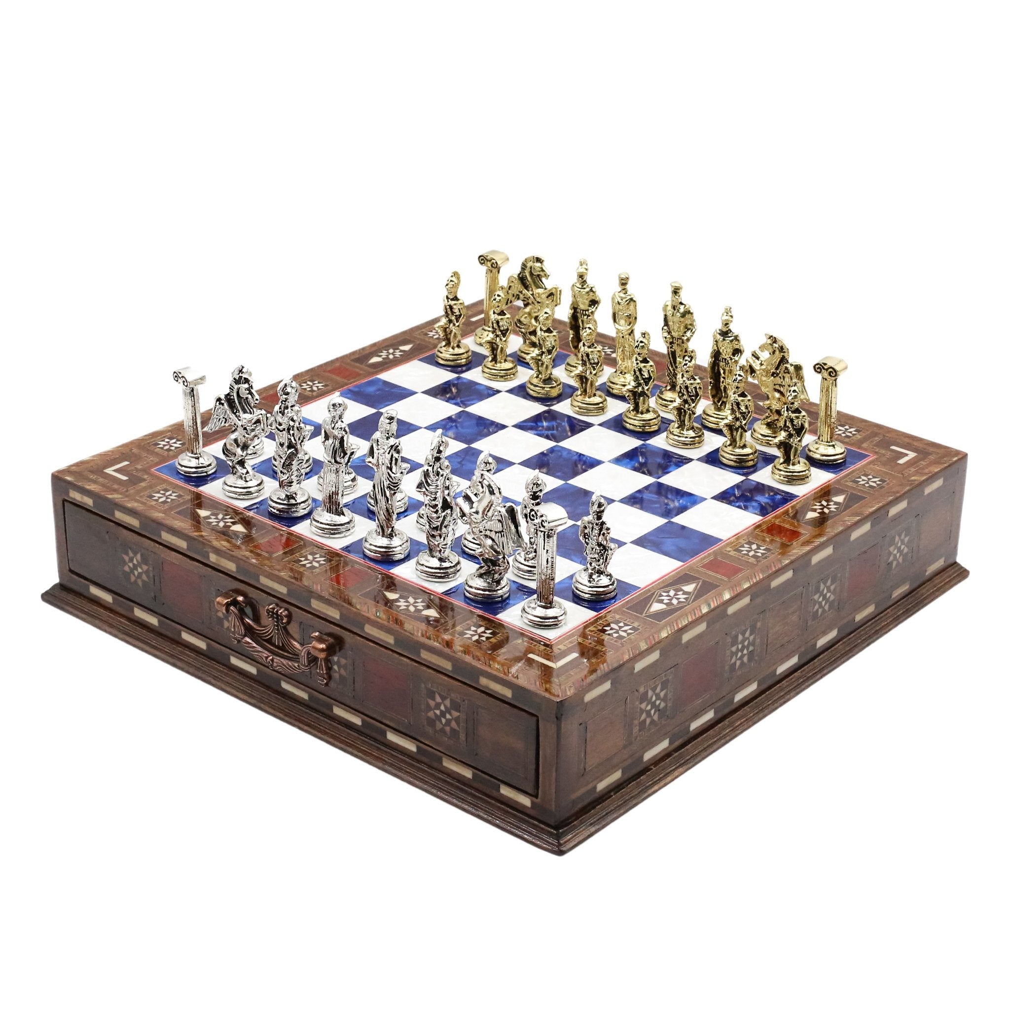 Handmade Inlay Chess Set with Drawer Storage 30 CM (12") - Die Cast Metal Pieces | Greek Mythology Pegasus - Cooper Chess