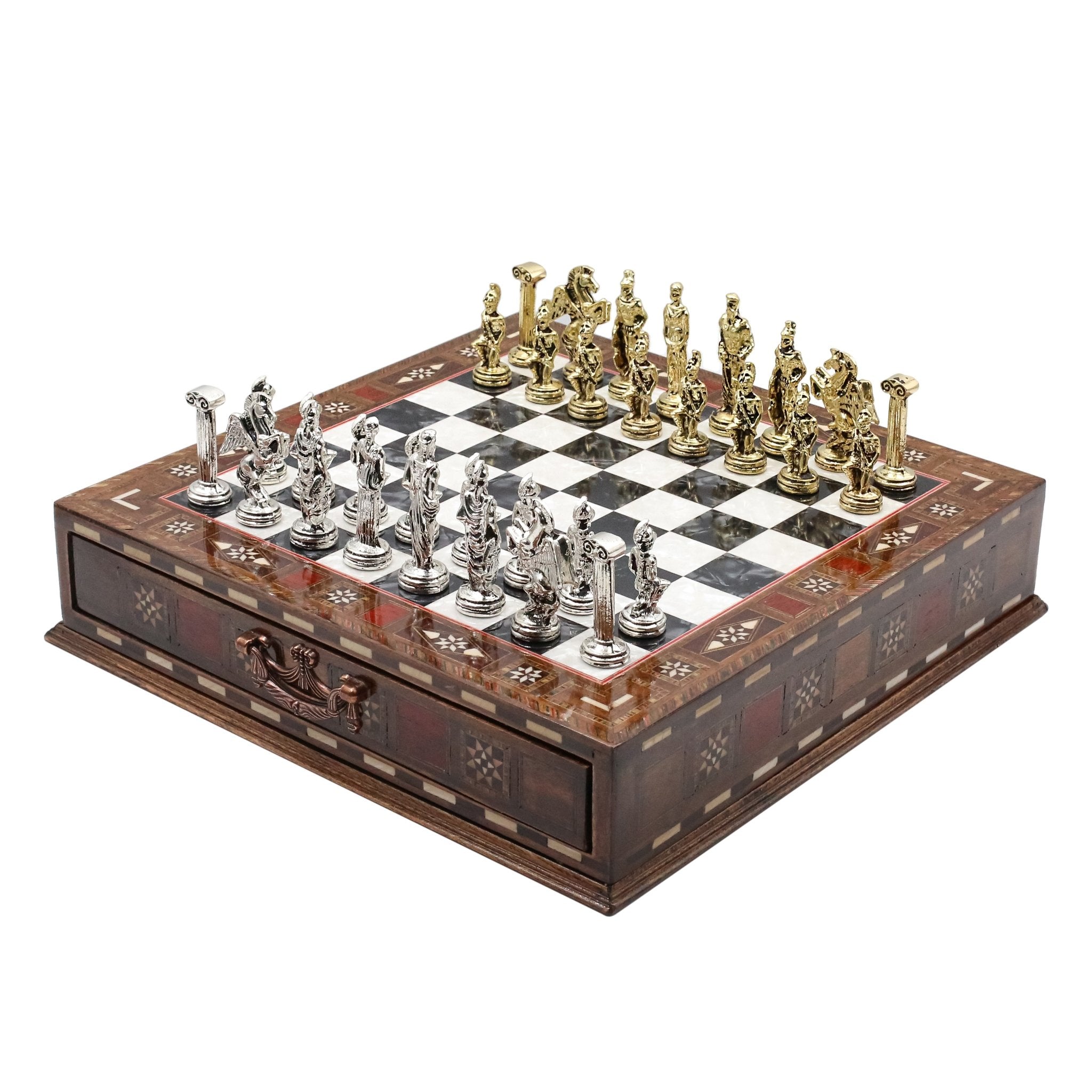 Handmade Inlay Chess Set with Drawer Storage 30 CM (12") - Die Cast Metal Pieces | Greek Mythology Pegasus - Cooper Chess