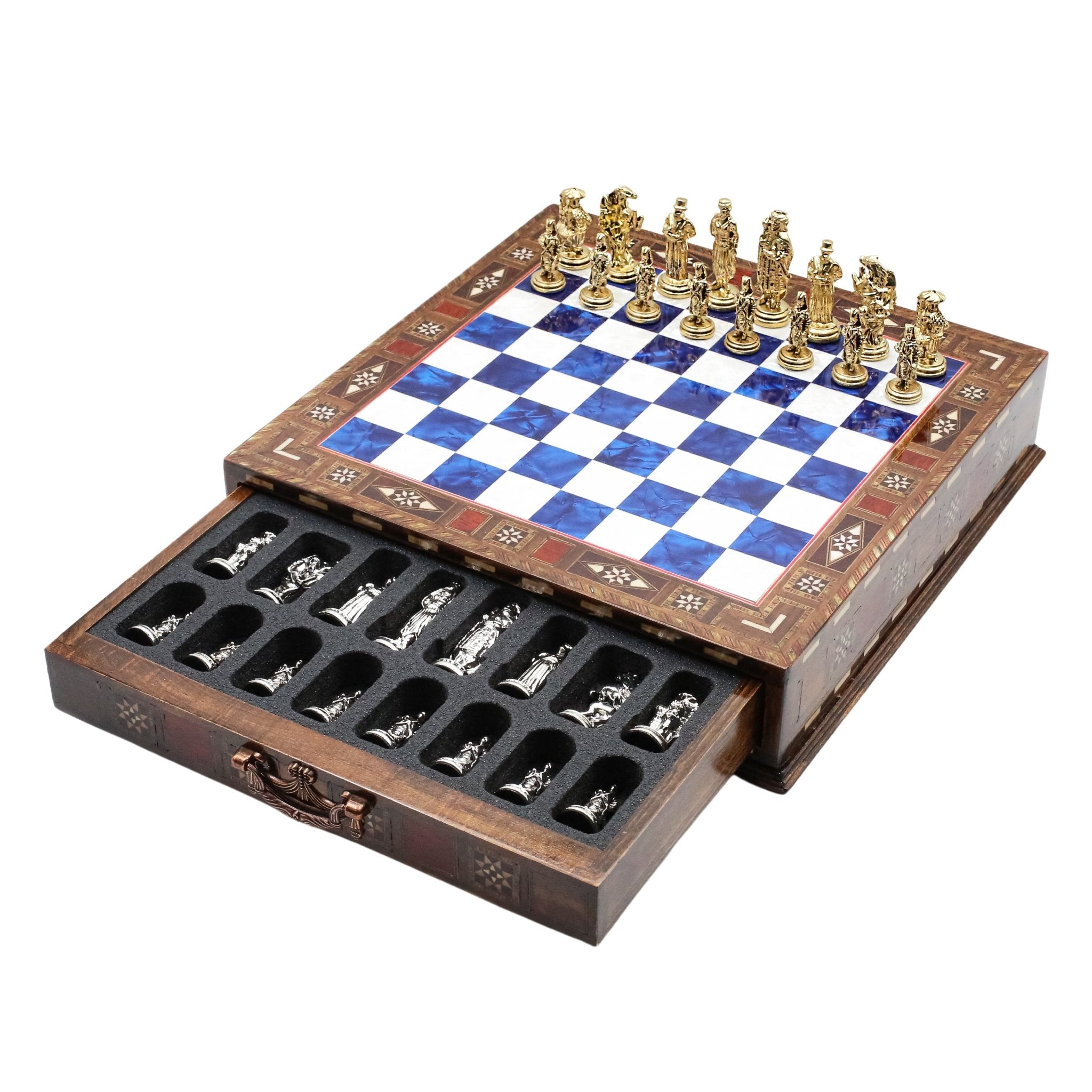 Handmade Inlay Chess Set with Drawer Storage 30 CM (12") - Die Cast Metal Pieces | Ottoman Empire - Cooper Chess