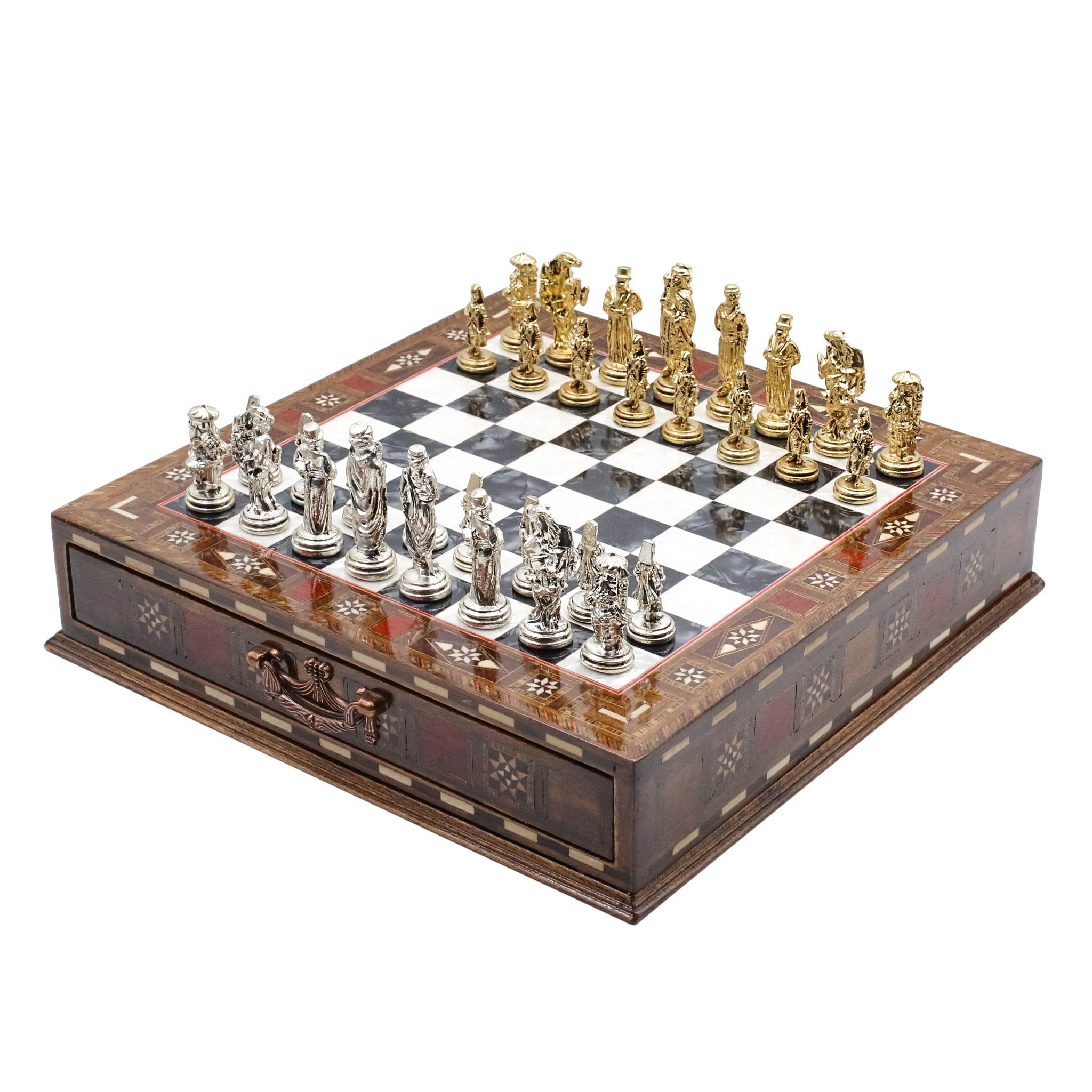 Handmade Inlay Chess Set with Drawer Storage 30 CM (12") - Die Cast Metal Pieces | Ottoman Empire - Cooper Chess