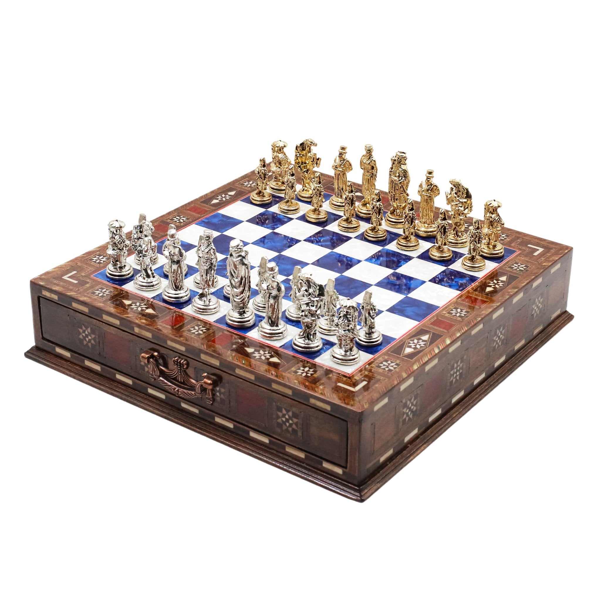Handmade Inlay Chess Set with Drawer Storage 30 CM (12") - Die Cast Metal Pieces | Ottoman Empire - Cooper Chess
