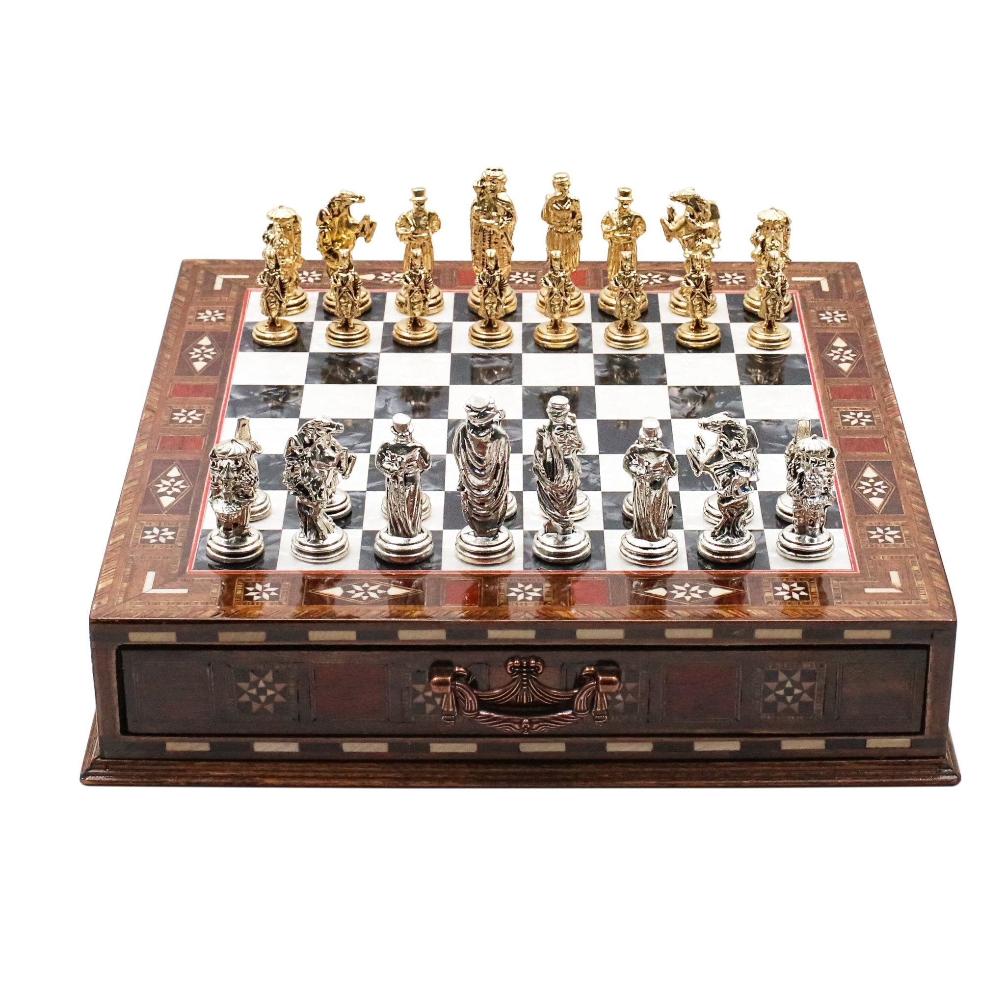 Handmade Inlay Chess Set with Drawer Storage 30 CM (12") - Die Cast Metal Pieces | Ottoman Empire - Cooper Chess