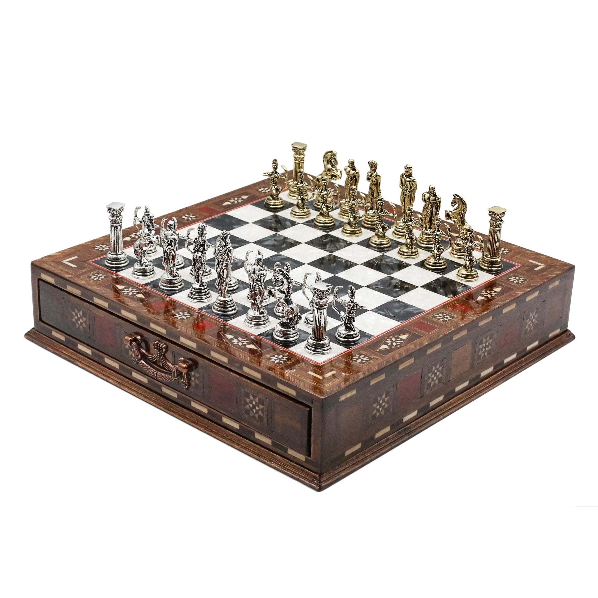 Handmade Inlay Chess Set with Drawer Storage 30 CM (12") - Die Cast Metal Pieces | Greek Mythology Archer - Cooper Chess