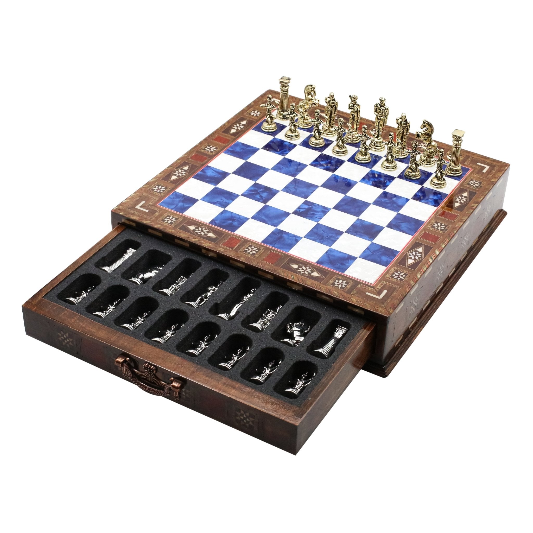 Handmade Inlay Chess Set with Drawer Storage 30 CM (12") - Die Cast Metal Pieces | Greek Mythology Archer - Cooper Chess