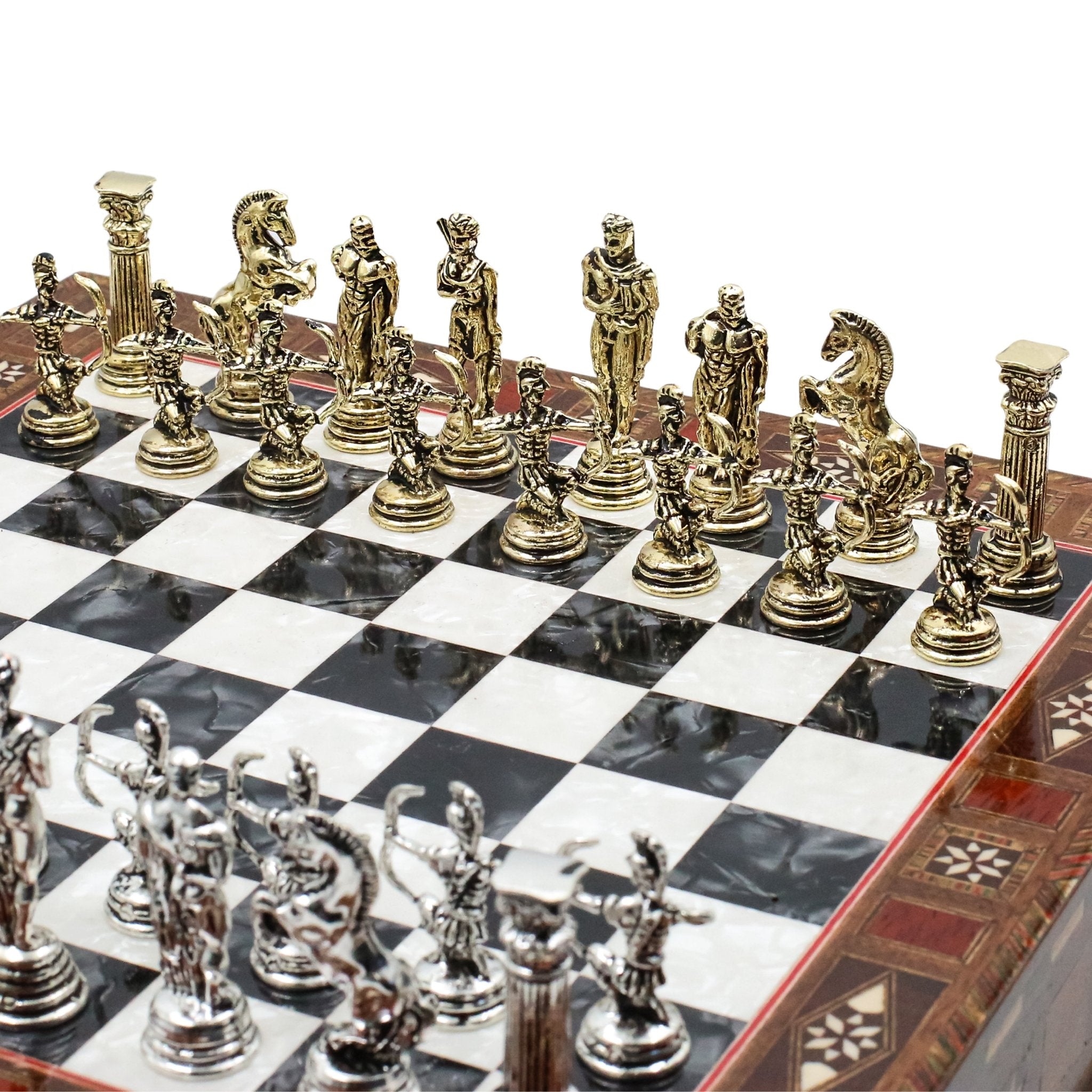 Handmade Inlay Chess Set with Drawer Storage 30 CM (12") - Die Cast Metal Pieces | Greek Mythology Archer - Cooper Chess