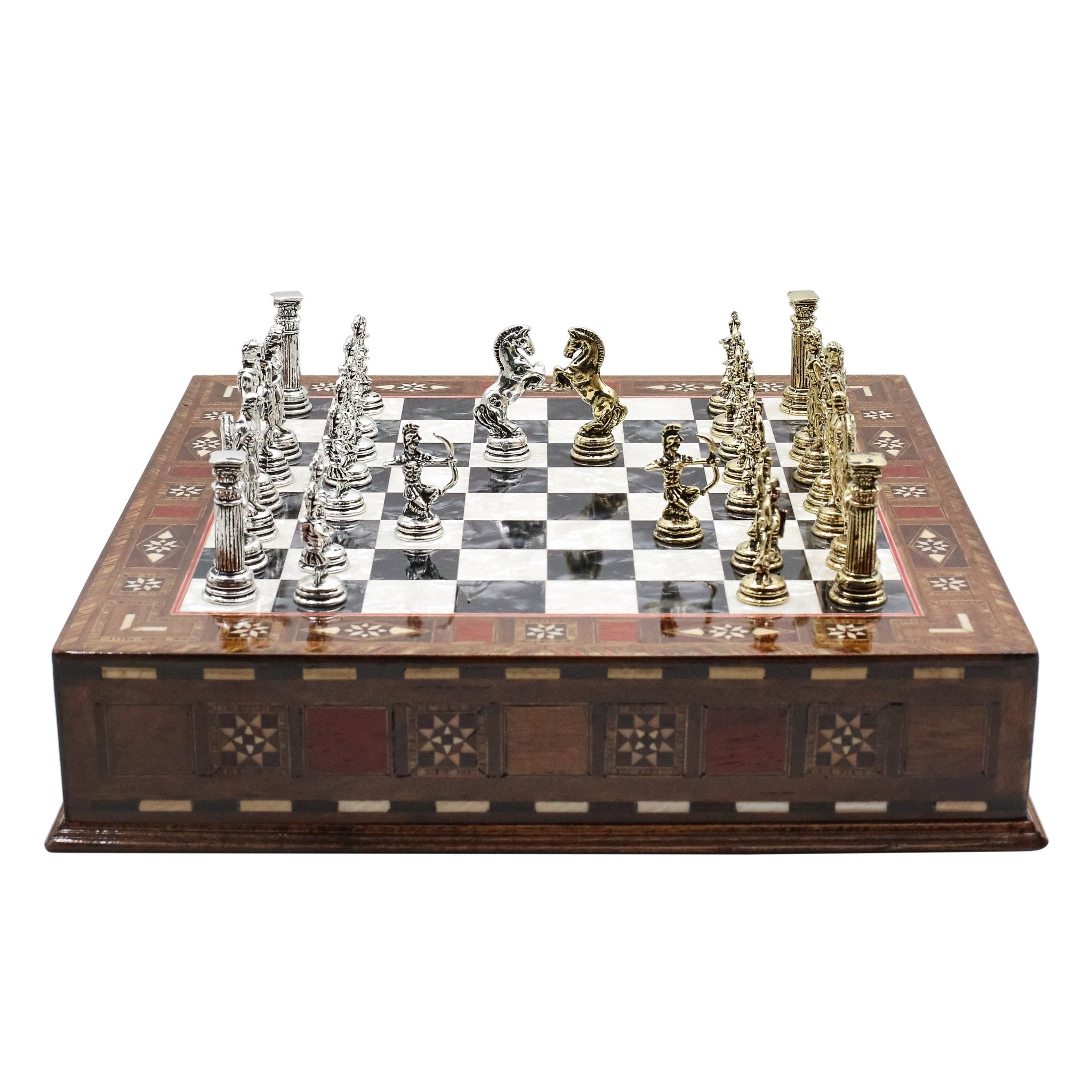 Handmade Inlay Chess Set with Drawer Storage 30 CM (12") - Die Cast Metal Pieces | Greek Mythology Archer - Cooper Chess