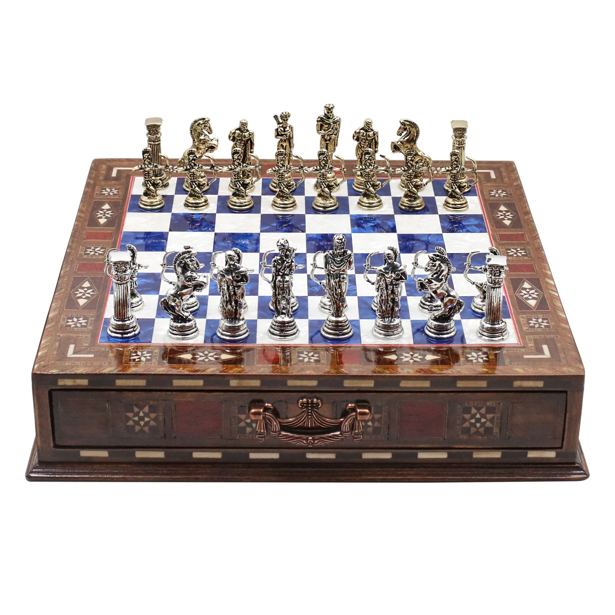 Handmade Inlay Chess Set with Drawer Storage 30 CM (12") - Die Cast Metal Pieces | Greek Mythology Archer - Cooper Chess