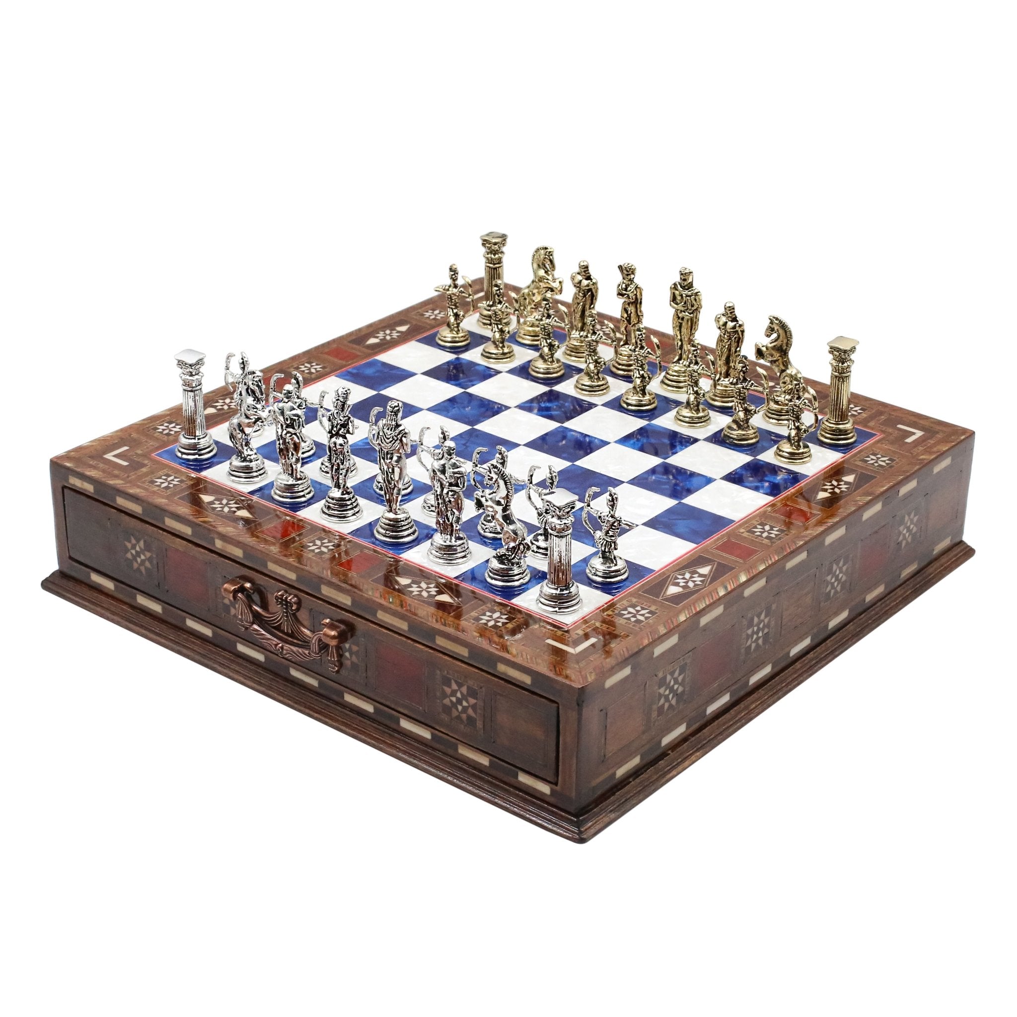 Handmade Inlay Chess Set with Drawer Storage 30 CM (12") - Die Cast Metal Pieces | Greek Mythology Archer - Cooper Chess