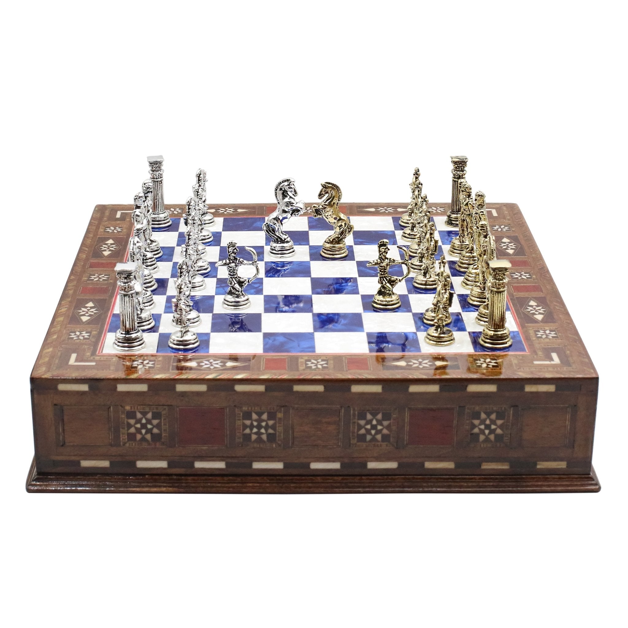 Handmade Inlay Chess Set with Drawer Storage 30 CM (12") - Die Cast Metal Pieces | Greek Mythology Archer - Cooper Chess