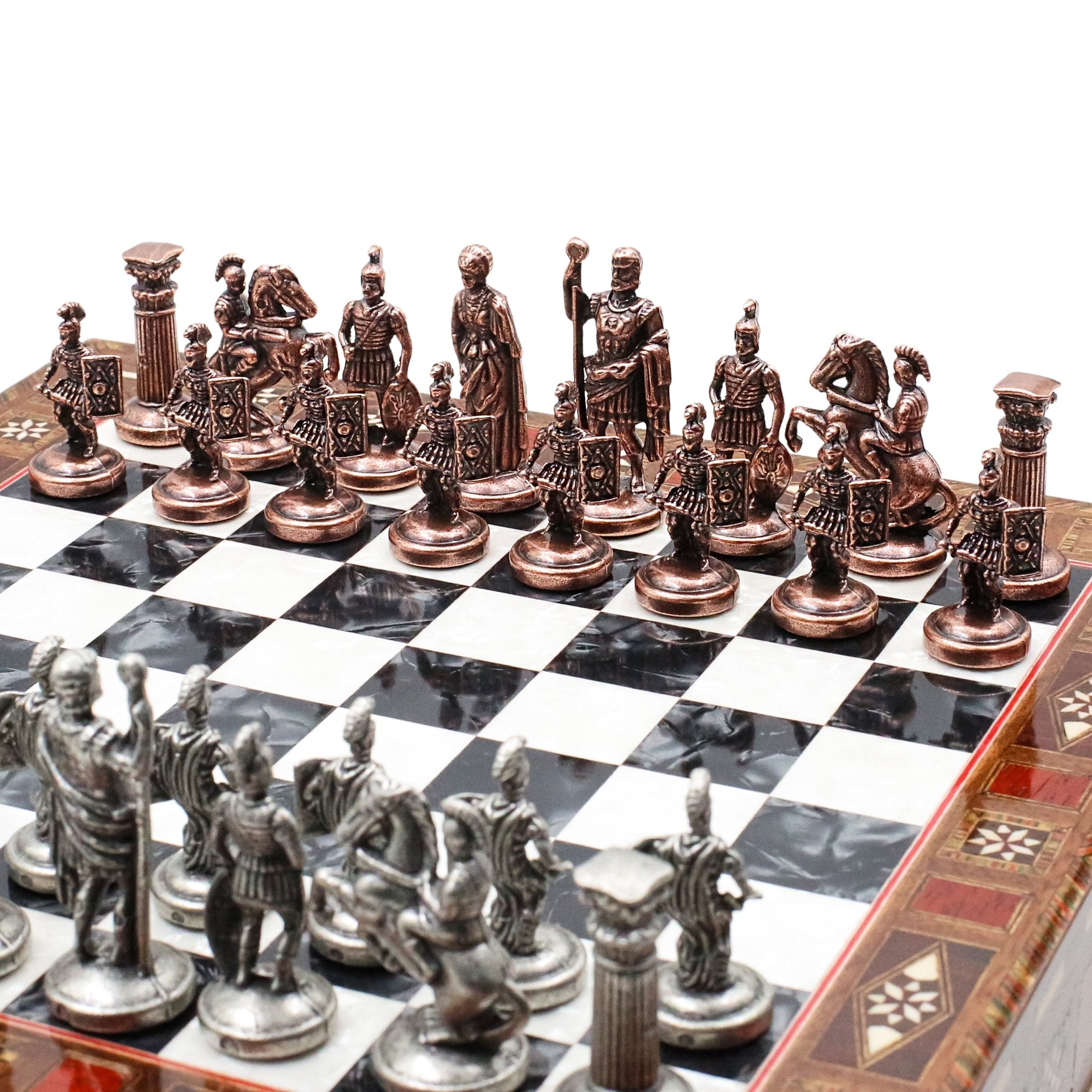 Handmade Inlay Chess Set with Drawer Storage 30 CM (12") - Die Cast Metal Pieces | Vintage Roman Empire - Cooper Chess