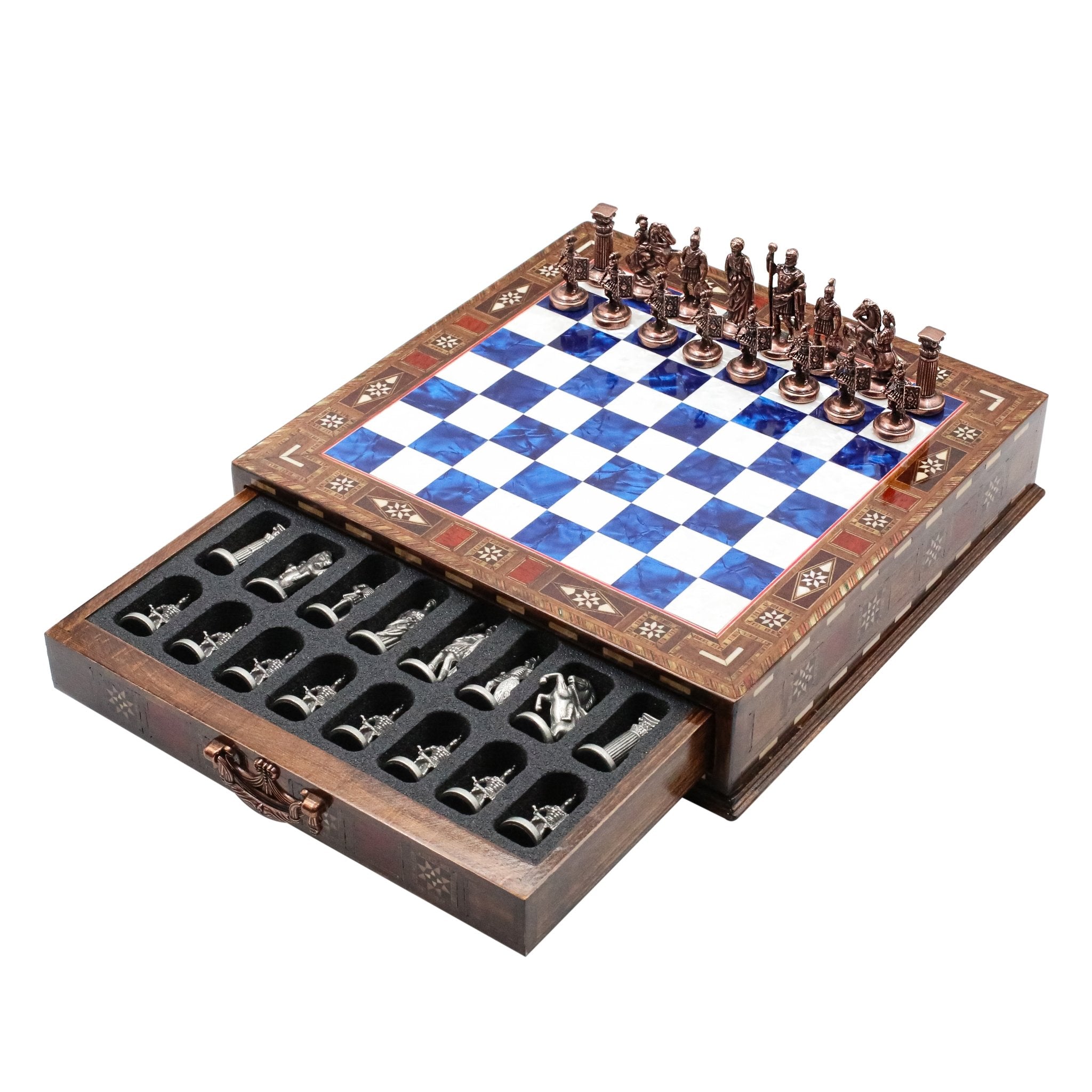 Handmade Inlay Chess Set with Drawer Storage 30 CM (12") - Die Cast Metal Pieces | Vintage Roman Empire - Cooper Chess
