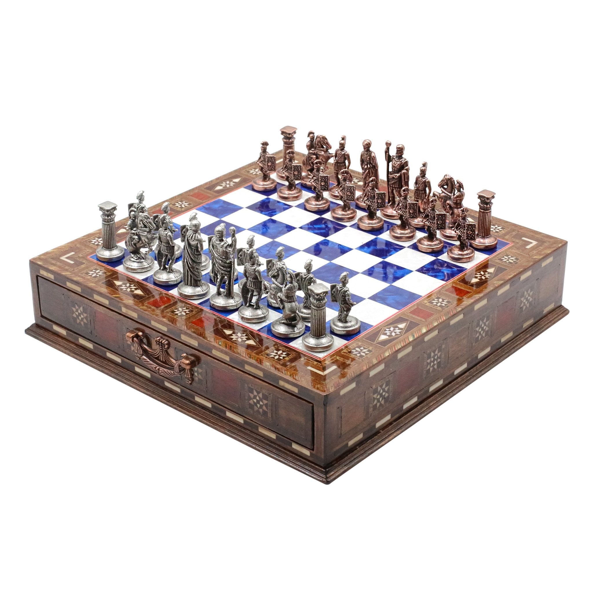 Handmade Inlay Chess Set with Drawer Storage 30 CM (12") - Die Cast Metal Pieces | Vintage Roman Empire - Cooper Chess
