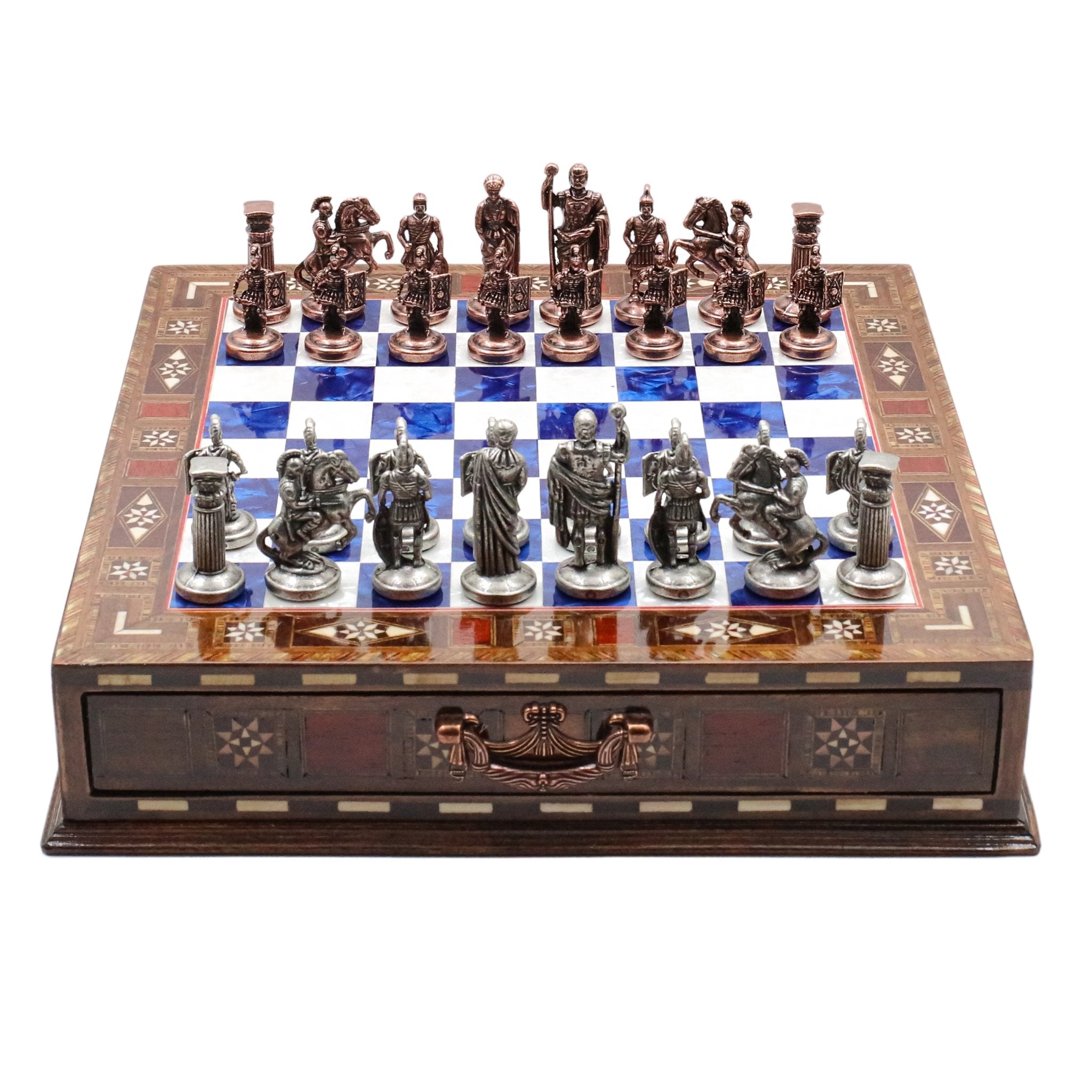 Handmade Inlay Chess Set with Drawer Storage 30 CM (12") - Die Cast Metal Pieces | Vintage Roman Empire - Cooper Chess