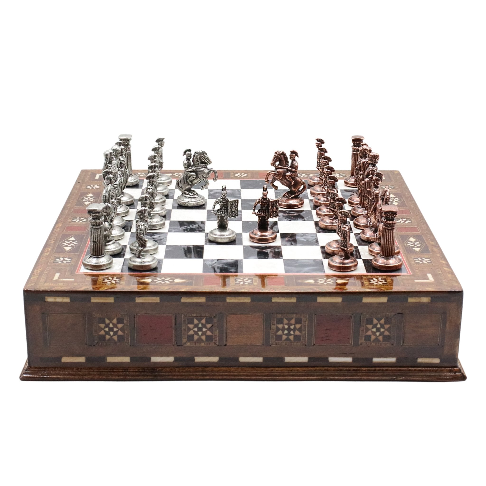 Handmade Inlay Chess Set with Drawer Storage 30 CM (12") - Die Cast Metal Pieces | Vintage Roman Empire - Cooper Chess