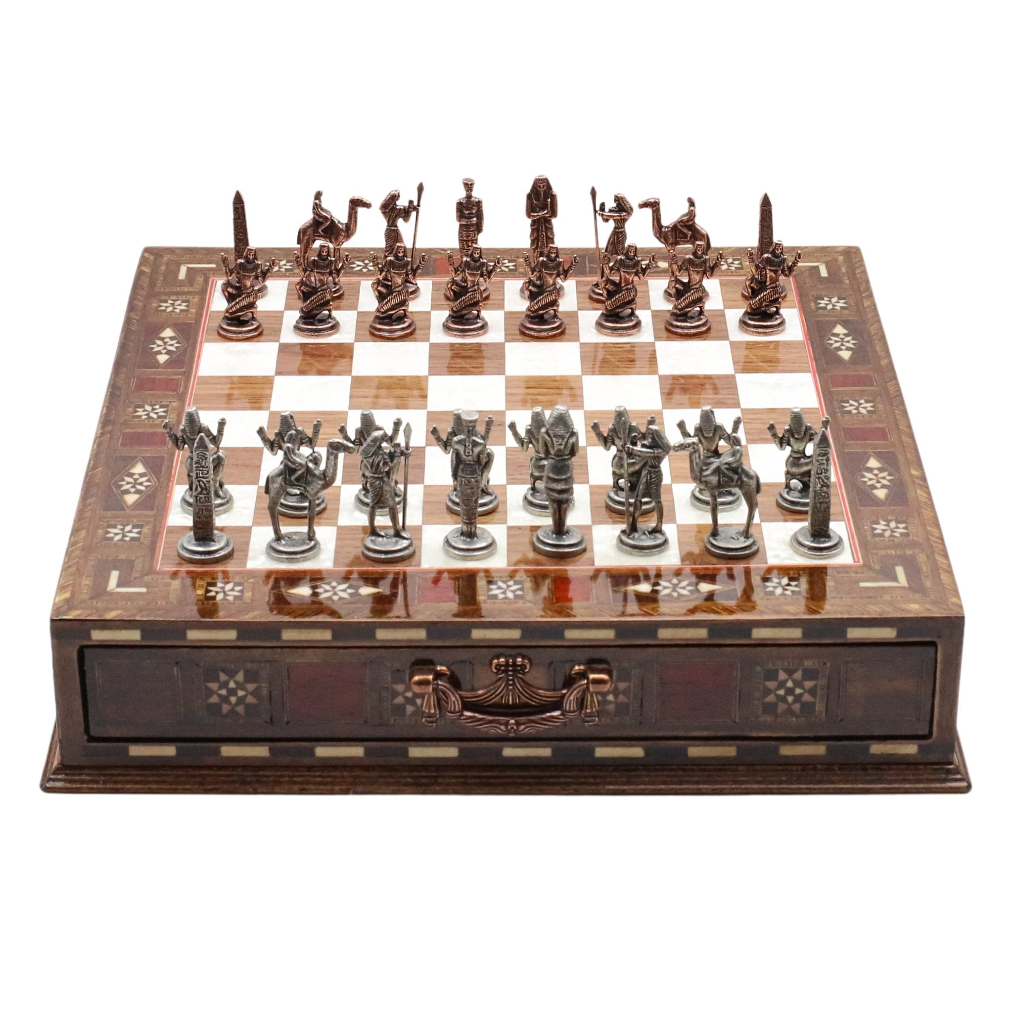 Handmade Inlay Chess Set with Drawer Storage 30 CM (12") - Die Cast Metal Pieces | Vintage Egyptian Cleopatra - Cooper Chess