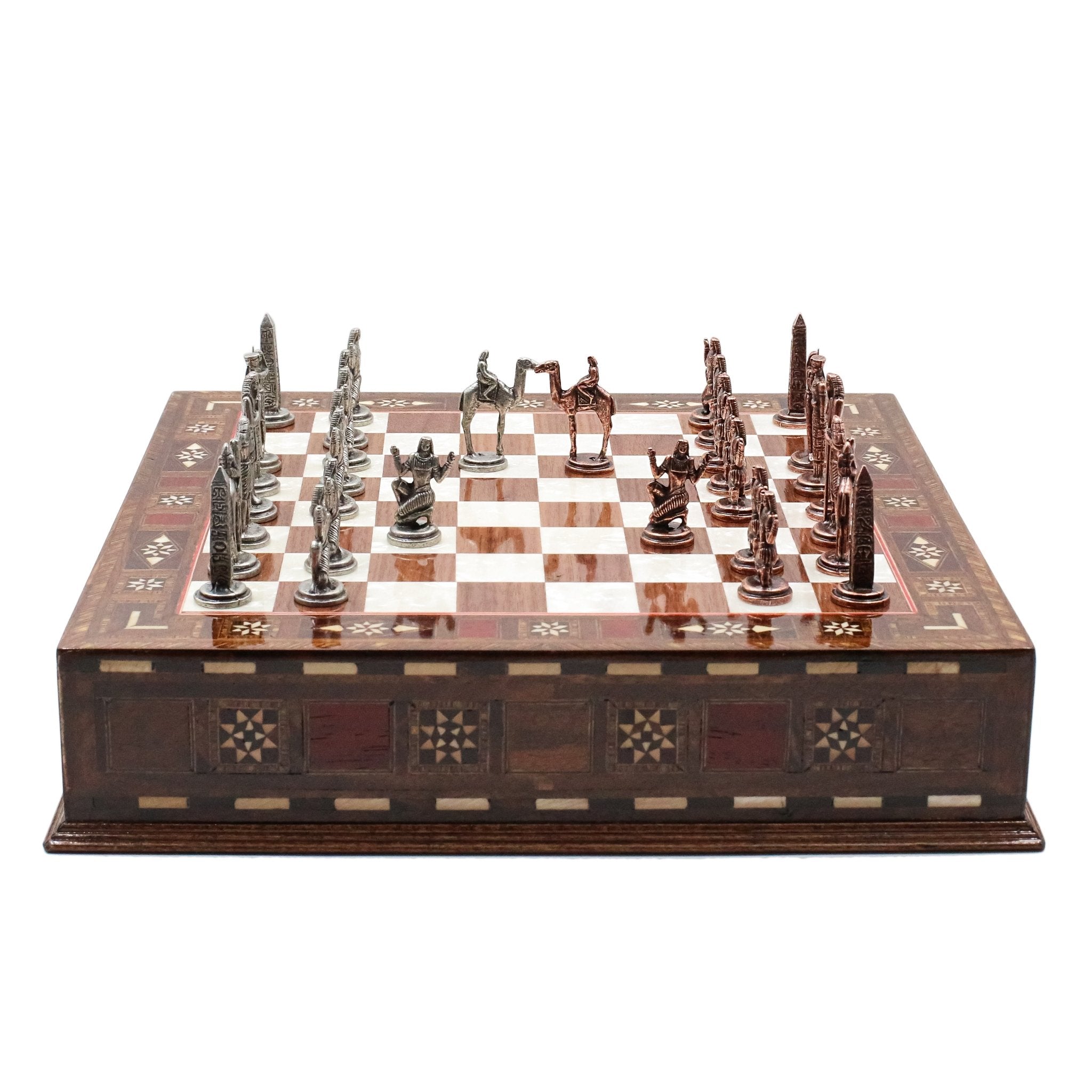 Handmade Inlay Chess Set with Drawer Storage 30 CM (12") - Die Cast Metal Pieces | Vintage Egyptian Cleopatra - Cooper Chess