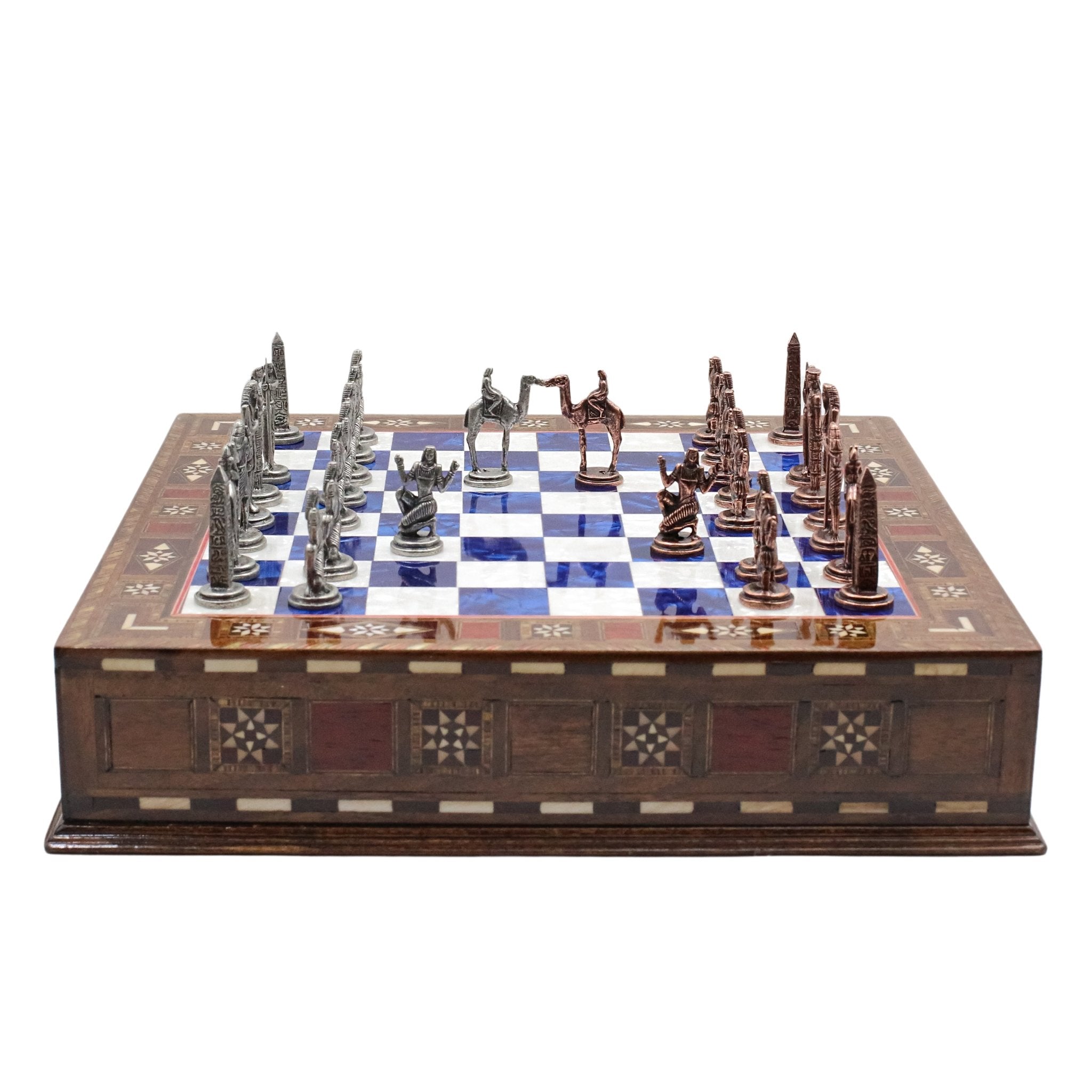 Handmade Inlay Chess Set with Drawer Storage 30 CM (12") - Die Cast Metal Pieces | Vintage Egyptian Cleopatra - Cooper Chess