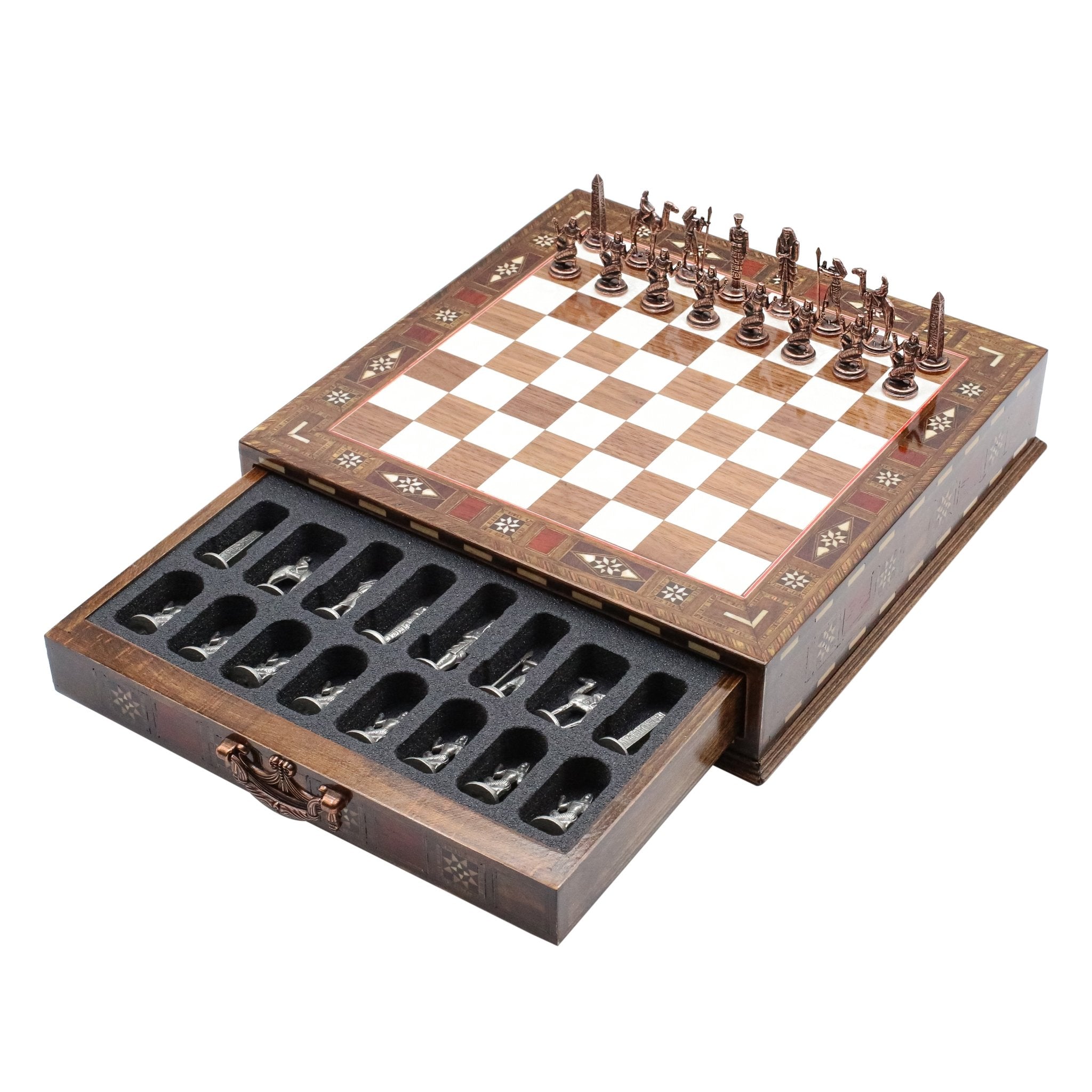 Handmade Inlay Chess Set with Drawer Storage 30 CM (12") - Die Cast Metal Pieces | Vintage Egyptian Cleopatra - Cooper Chess