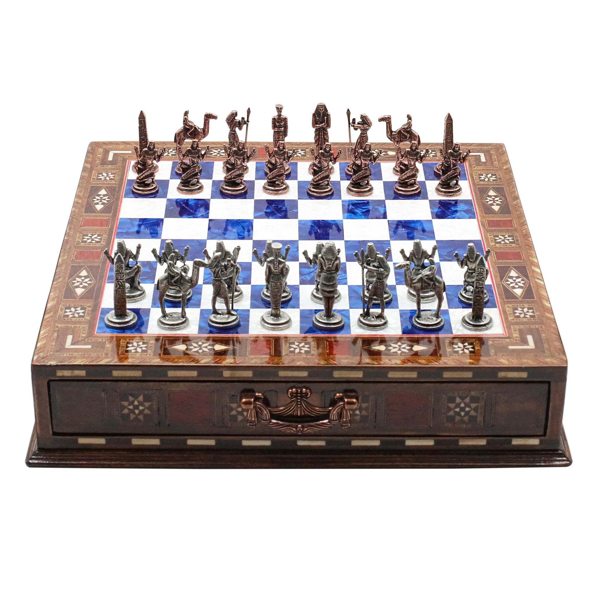 Handmade Inlay Chess Set with Drawer Storage 30 CM (12") - Die Cast Metal Pieces | Vintage Egyptian Cleopatra - Cooper Chess
