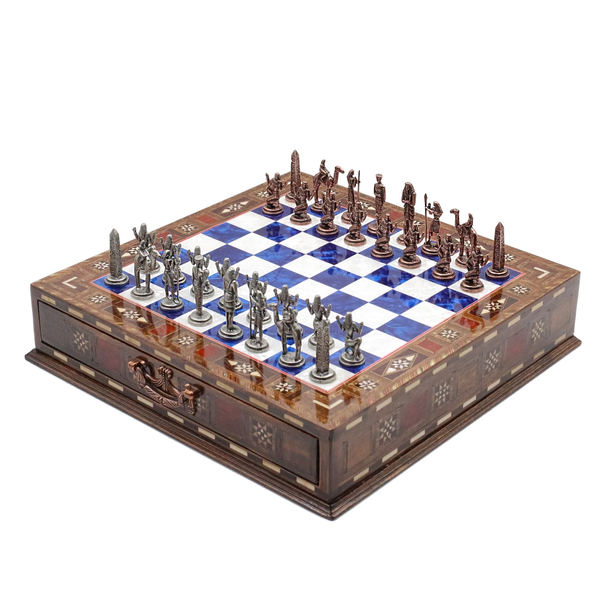Handmade Inlay Chess Set with Drawer Storage 30 CM (12") - Die Cast Metal Pieces | Vintage Egyptian Cleopatra - Cooper Chess