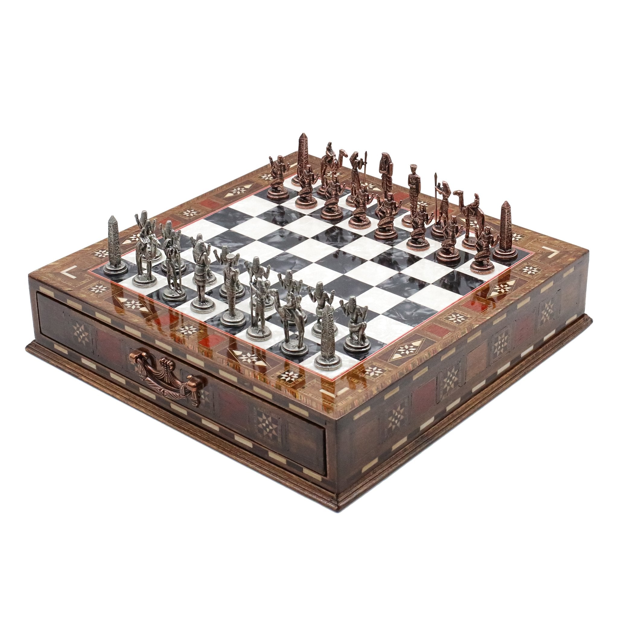 Handmade Inlay Chess Set with Drawer Storage 30 CM (12") - Die Cast Metal Pieces | Vintage Egyptian Cleopatra - Cooper Chess