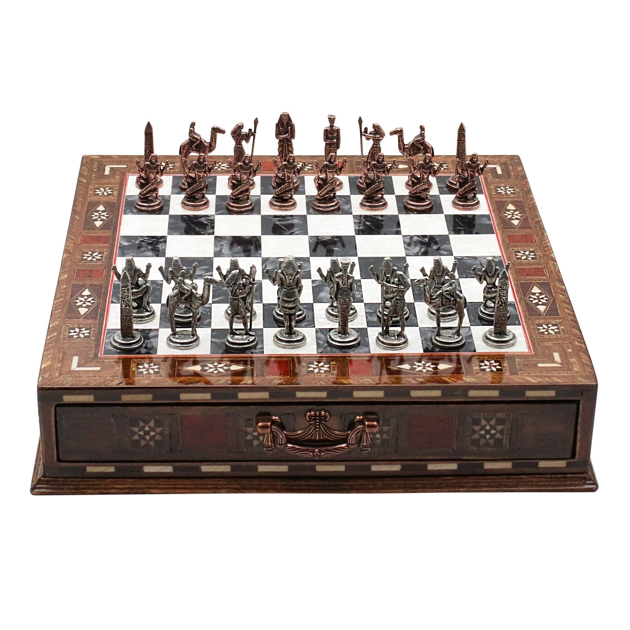 Handmade Inlay Chess Set with Drawer Storage 30 CM (12") - Die Cast Metal Pieces | Vintage Egyptian Cleopatra - Cooper Chess