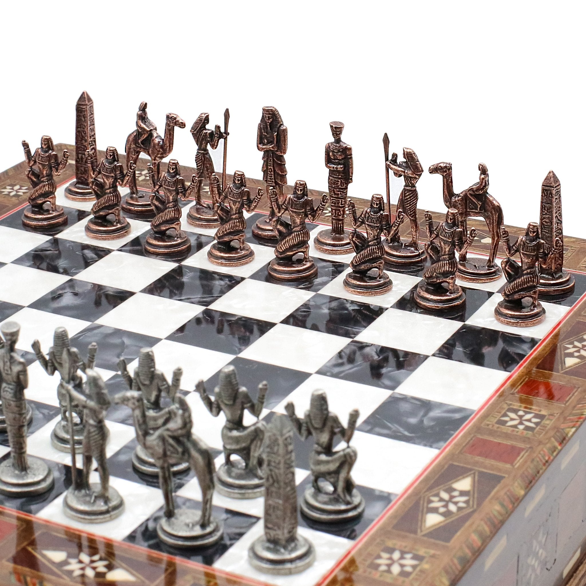 Handmade Inlay Chess Set with Drawer Storage 30 CM (12") - Die Cast Metal Pieces | Vintage Egyptian Cleopatra - Cooper Chess
