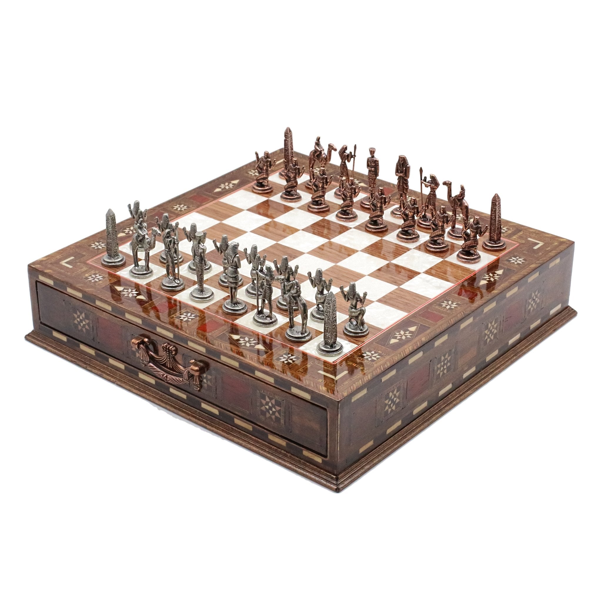 Handmade Inlay Chess Set with Drawer Storage 30 CM (12") - Die Cast Metal Pieces | Vintage Egyptian Cleopatra - Cooper Chess