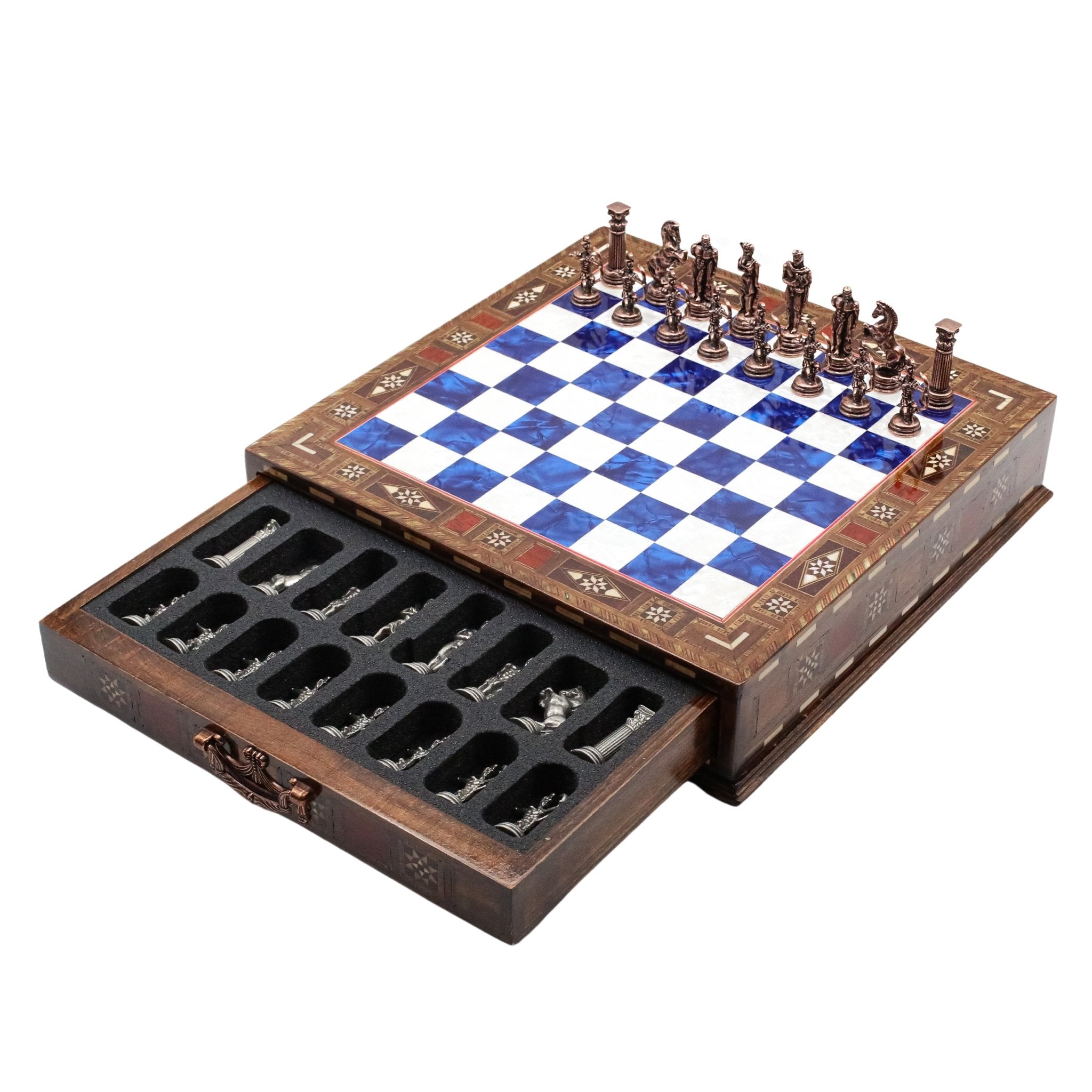Handmade Inlay Chess Set with Drawer Storage 30 CM (12") - Die Cast Metal Pieces | Vintage Mythology Archer - Cooper Chess