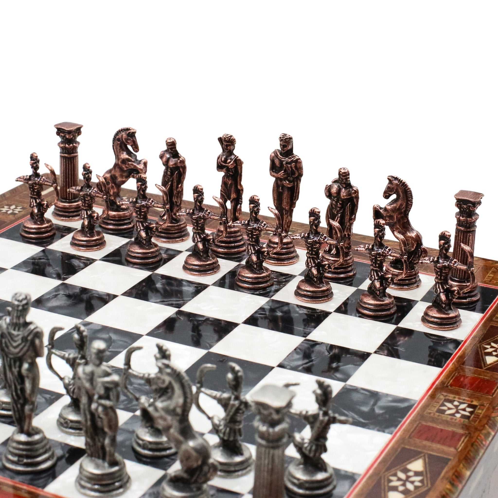 Handmade Inlay Chess Set with Drawer Storage 30 CM (12") - Die Cast Metal Pieces | Vintage Mythology Archer - Cooper Chess
