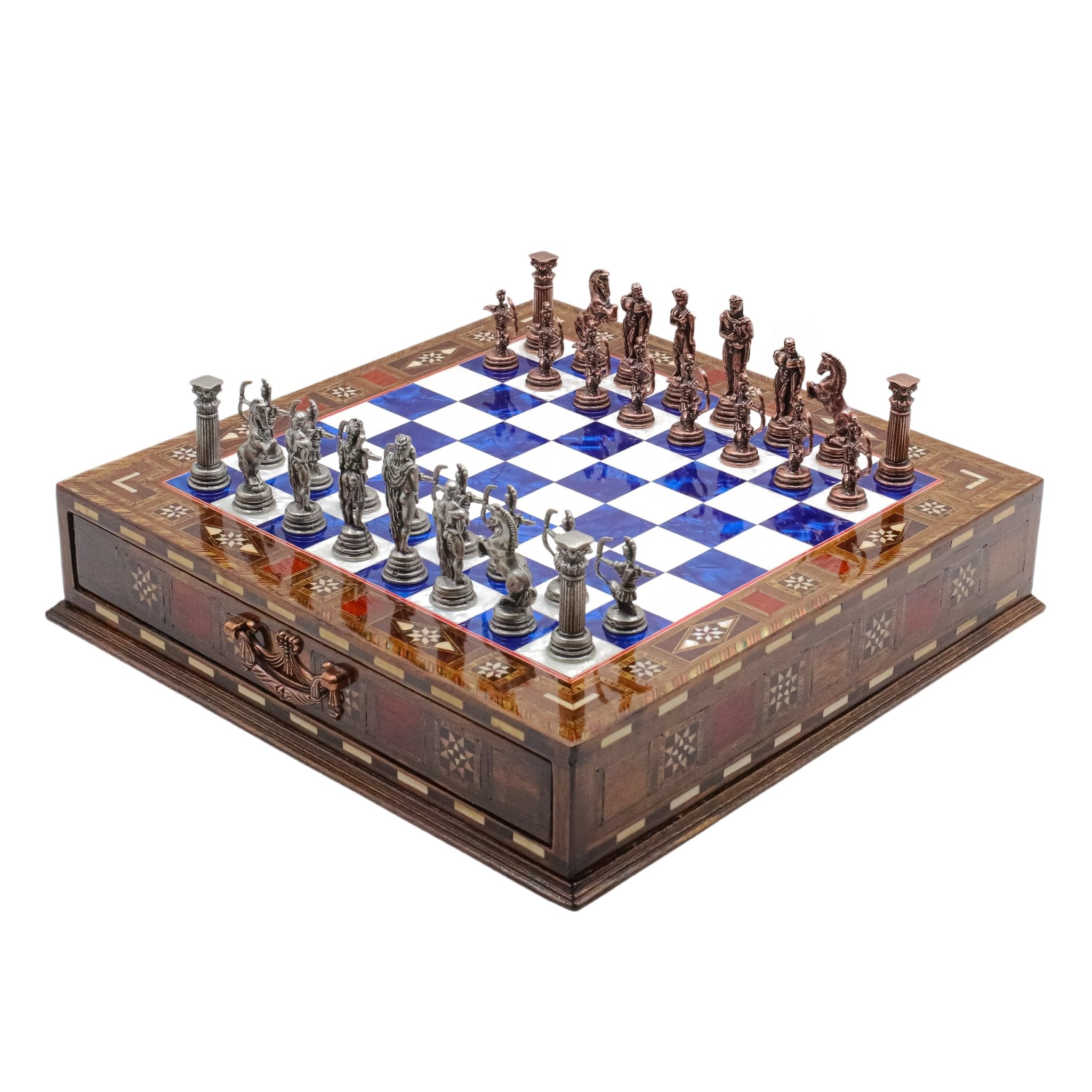 Handmade Inlay Chess Set with Drawer Storage 30 CM (12") - Die Cast Metal Pieces | Vintage Mythology Archer - Cooper Chess