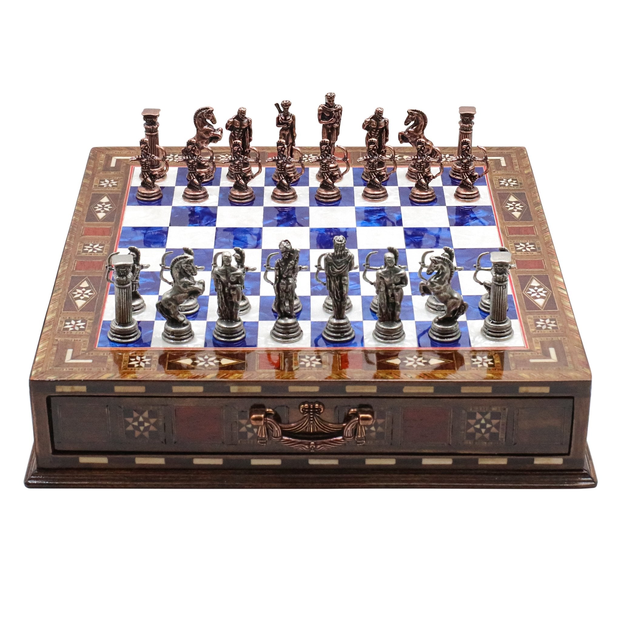 Handmade Inlay Chess Set with Drawer Storage 30 CM (12") - Die Cast Metal Pieces | Vintage Mythology Archer - Cooper Chess