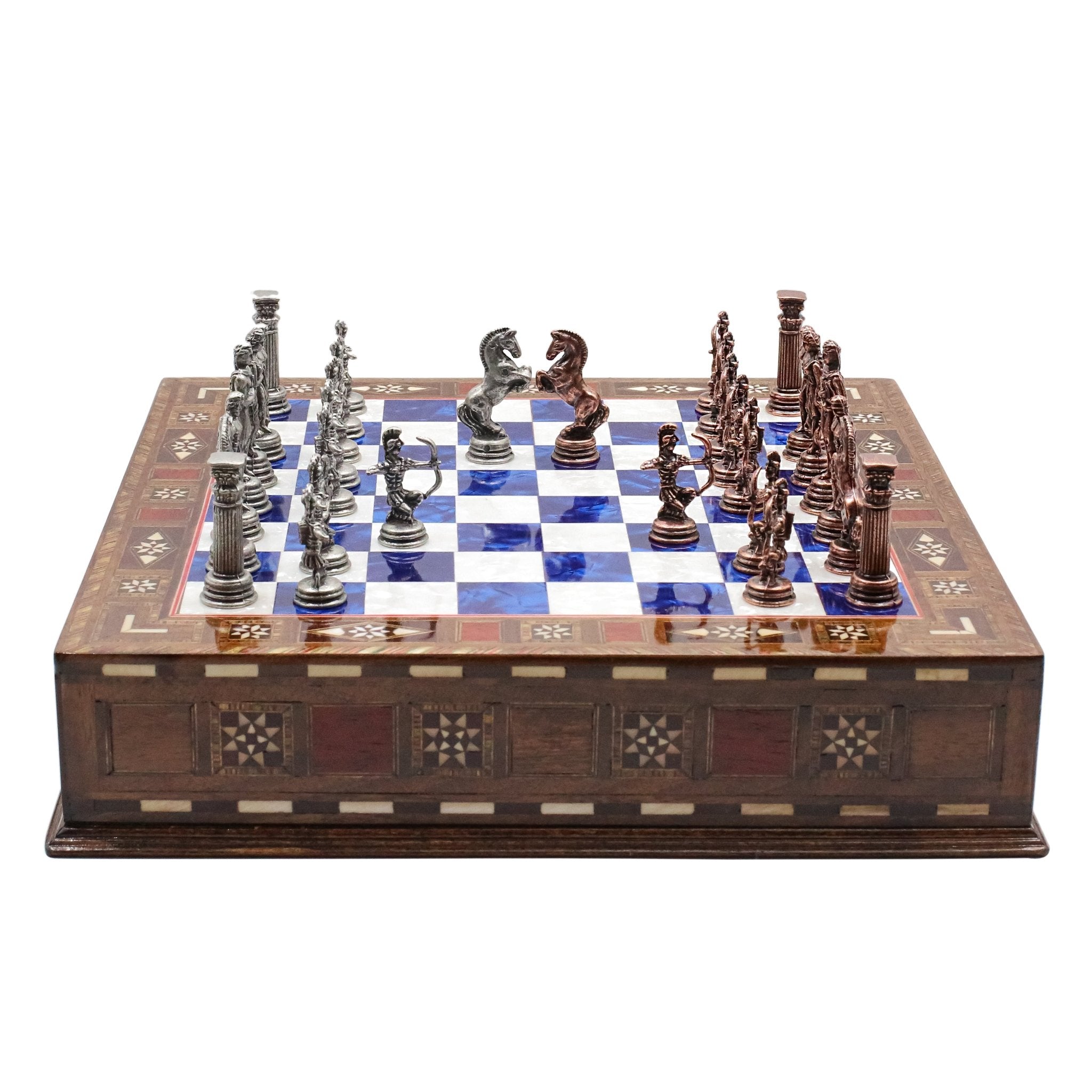 Handmade Inlay Chess Set with Drawer Storage 30 CM (12") - Die Cast Metal Pieces | Vintage Mythology Archer - Cooper Chess