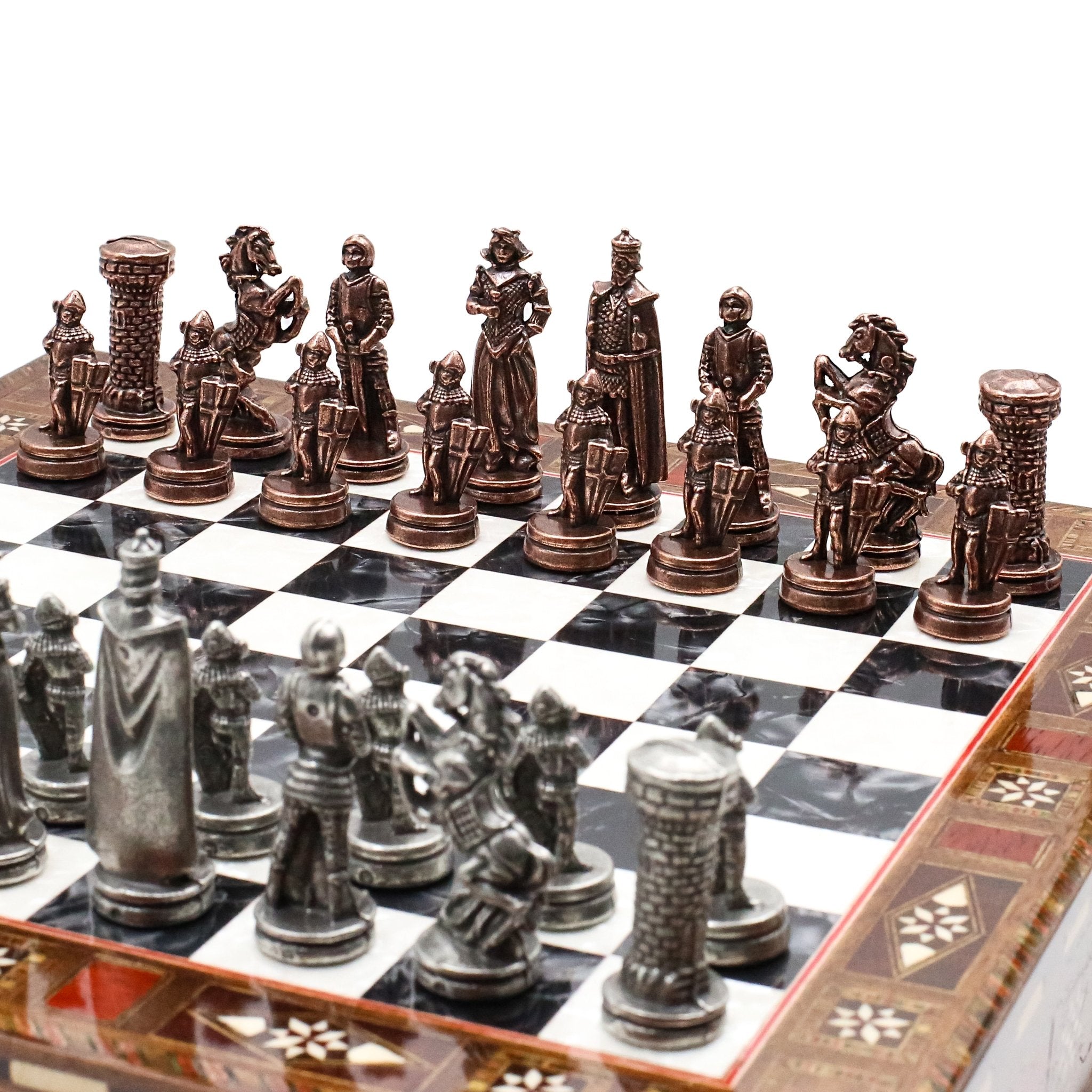 Handmade Inlay Chess Set with Drawer Storage 30 CM (12") - Die Cast Metal Pieces | Vintage Medieval British Army - Cooper Chess