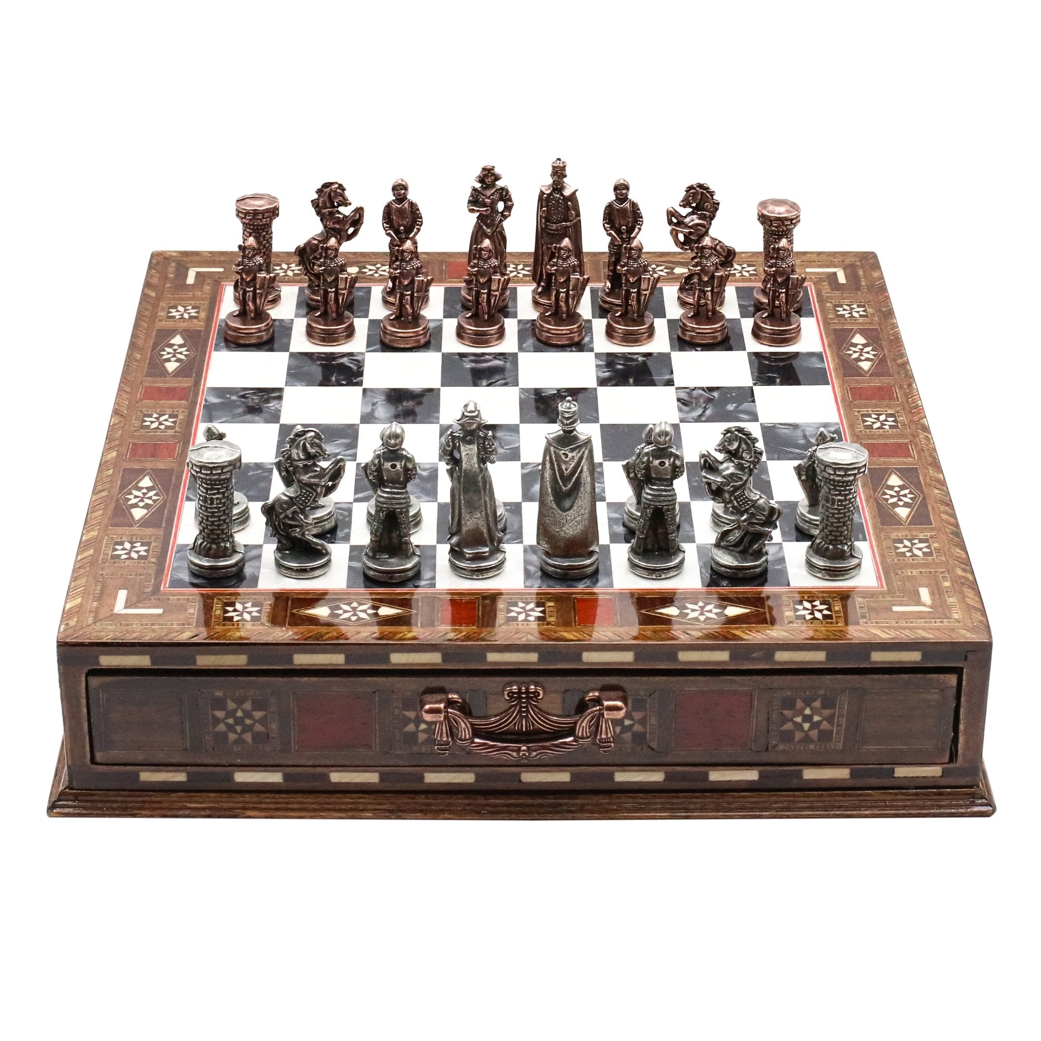 Handmade Inlay Chess Set with Drawer Storage 30 CM (12") - Die Cast Metal Pieces | Vintage Medieval British Army - Cooper Chess