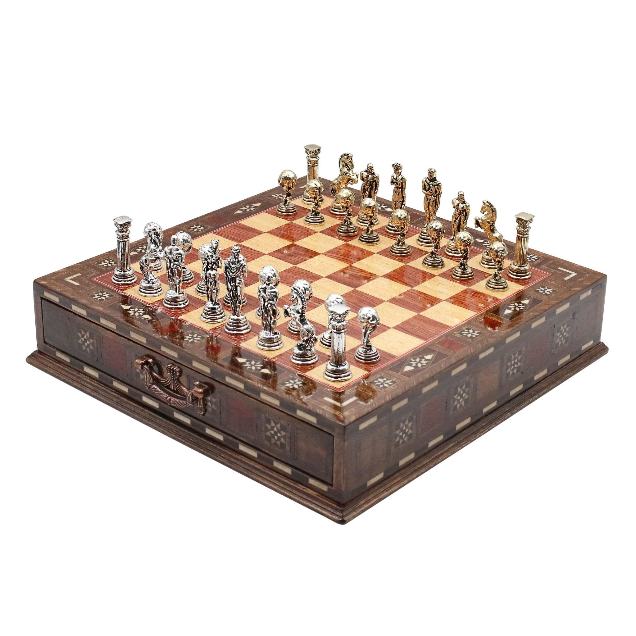 Handmade Inlay Chess Set with Drawer Storage 30 CM (12") - Die Cast Metal Pieces | Greek Mythology Hercules - Cooper Chess