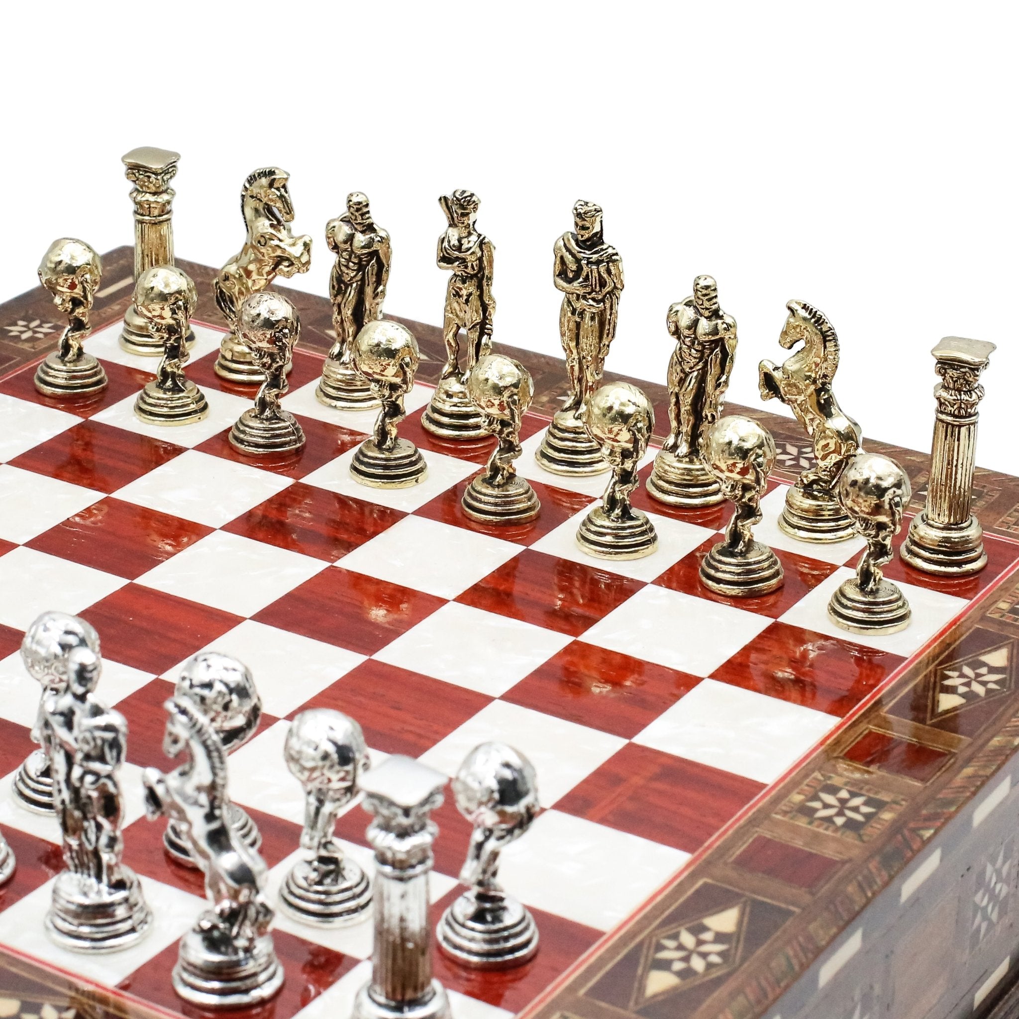 Handmade Inlay Chess Set with Drawer Storage 30 CM (12") - Die Cast Metal Pieces | Greek Mythology Hercules - Cooper Chess