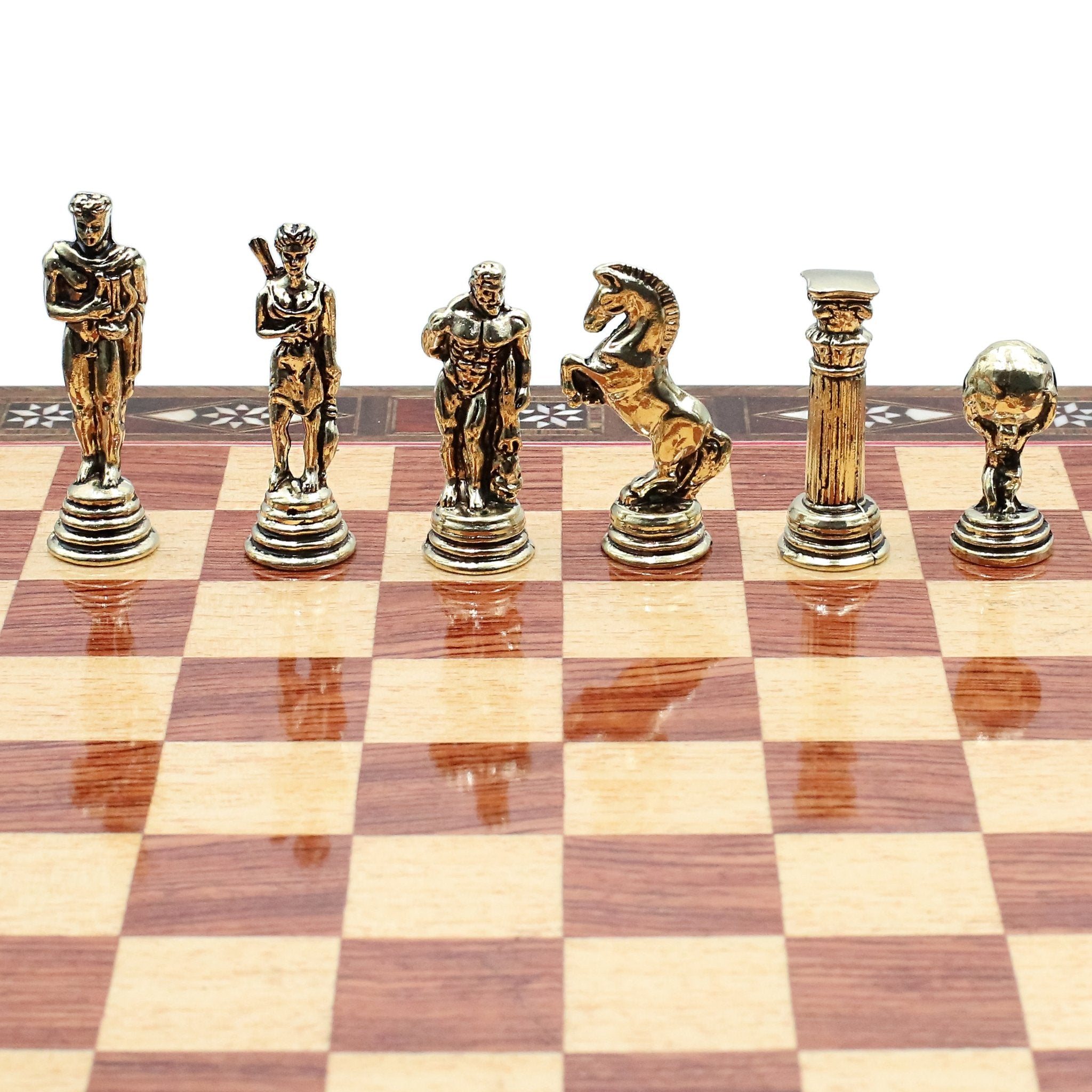 Handmade Inlay Chess Set with Drawer Storage 30 CM (12") - Die Cast Metal Pieces | Greek Mythology Hercules - Cooper Chess