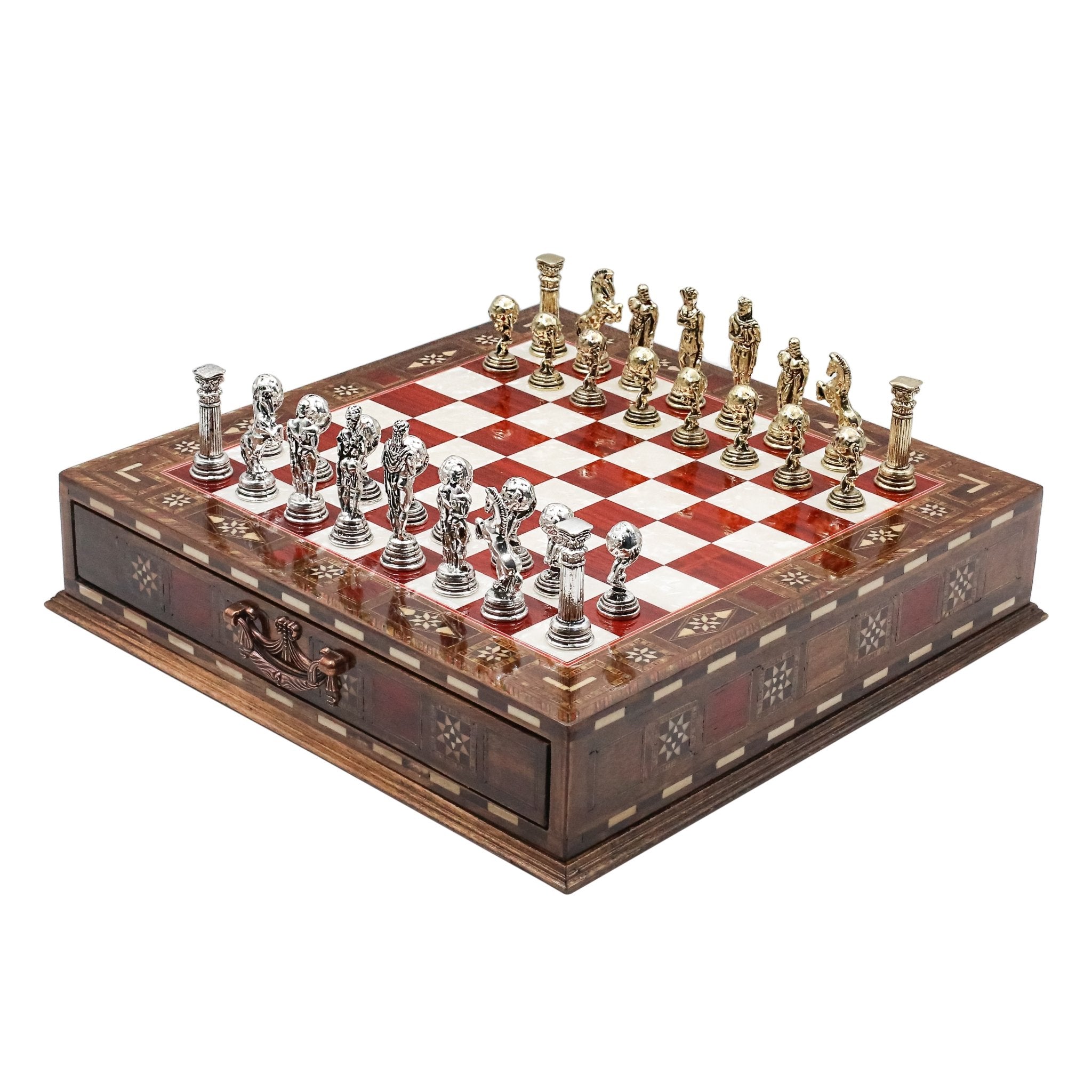 Handmade Inlay Chess Set with Drawer Storage 30 CM (12") - Die Cast Metal Pieces | Greek Mythology Hercules - Cooper Chess