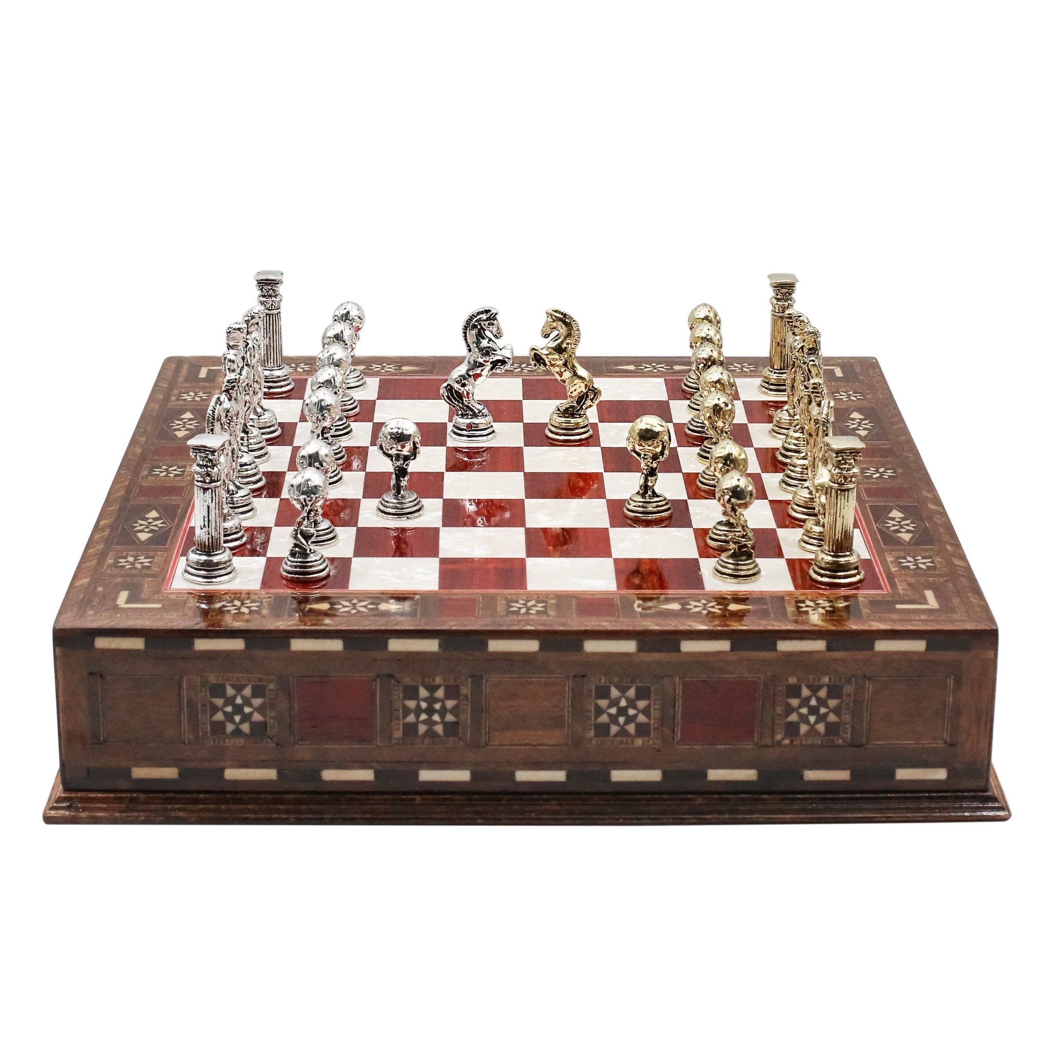 Handmade Inlay Chess Set with Drawer Storage 30 CM (12") - Die Cast Metal Pieces | Greek Mythology Hercules - Cooper Chess