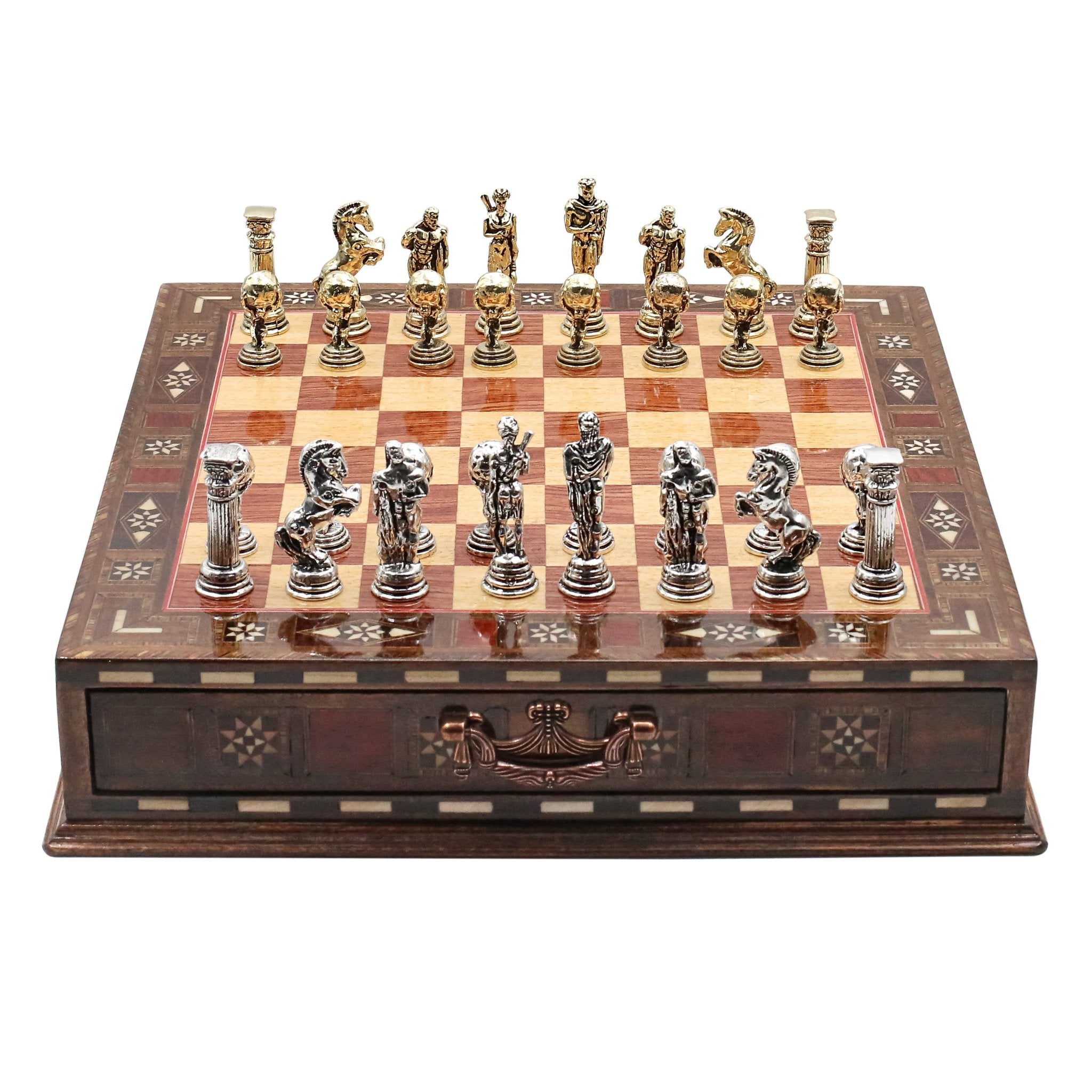Handmade Inlay Chess Set with Drawer Storage 30 CM (12") - Die Cast Metal Pieces | Greek Mythology Hercules - Cooper Chess