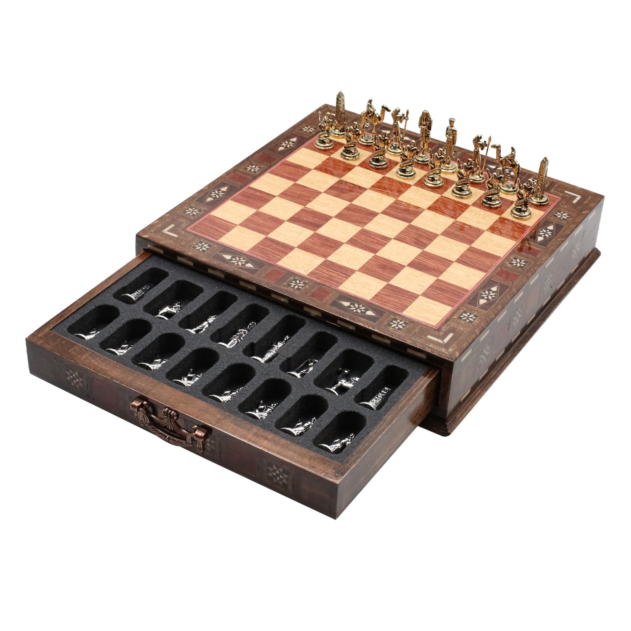 Handmade Inlay Chess Set with Drawer Storage 30 CM (12") - Die Cast Metal Pieces | Egyptian Cleopatra - Cooper Chess