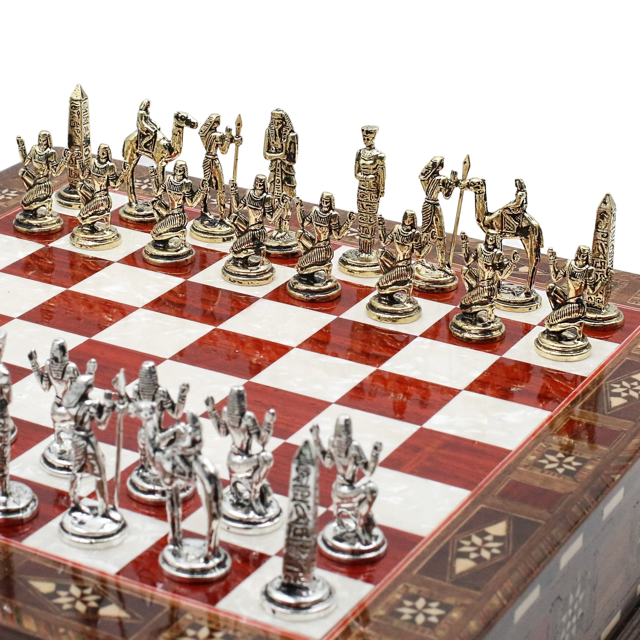Handmade Inlay Chess Set with Drawer Storage 30 CM (12") - Die Cast Metal Pieces | Egyptian Cleopatra - Cooper Chess