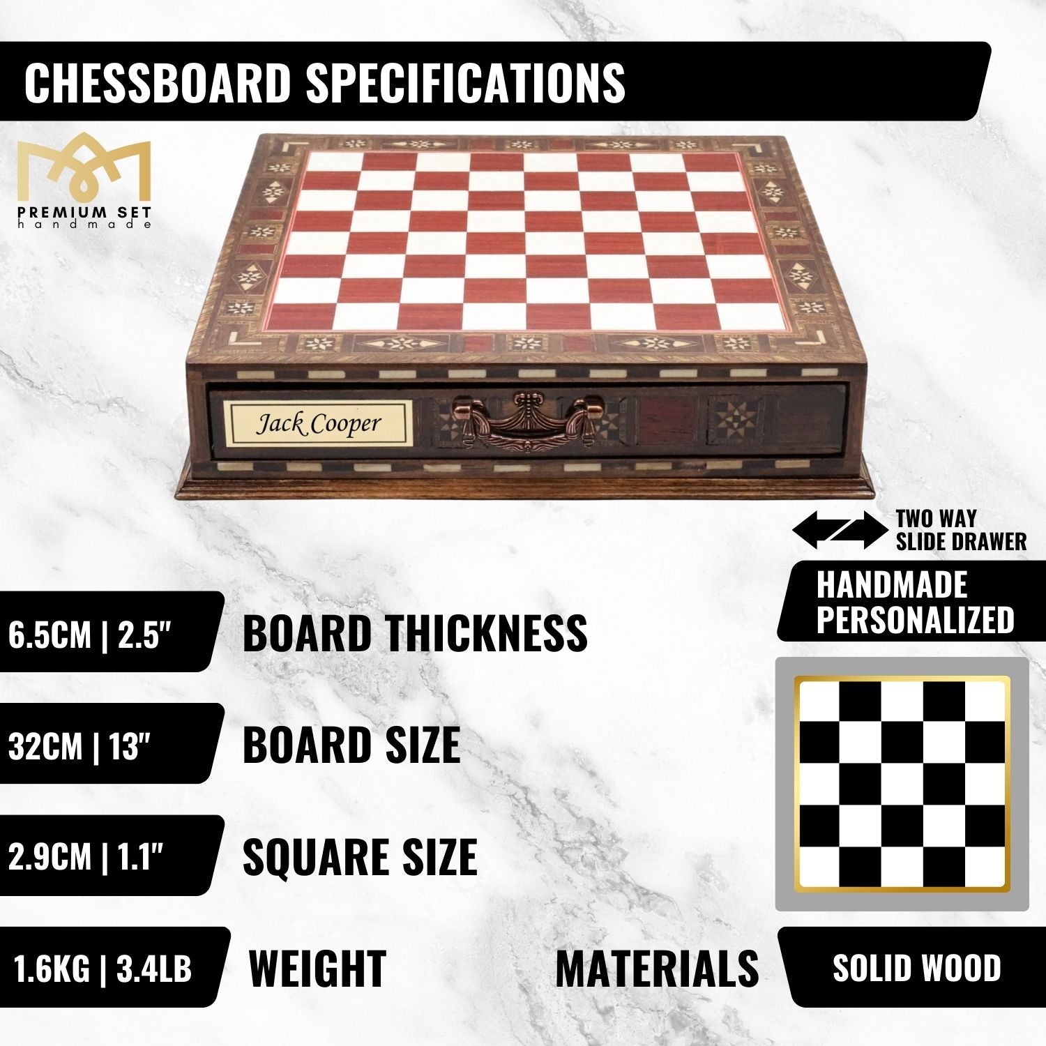 Handmade Inlay Chess Set with Drawer Storage 30 CM (12") - Die Cast Metal Pieces | Medieval British Army - Cooper Chess
