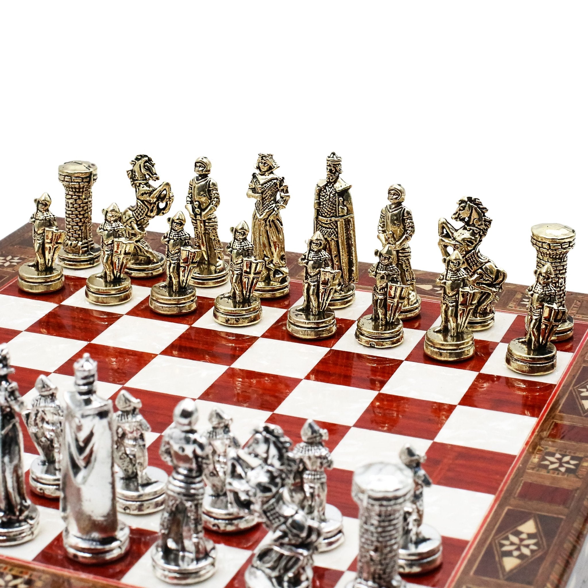 Handmade Inlay Chess Set with Drawer Storage 30 CM (12") - Die Cast Metal Pieces | Medieval British Army - Cooper Chess