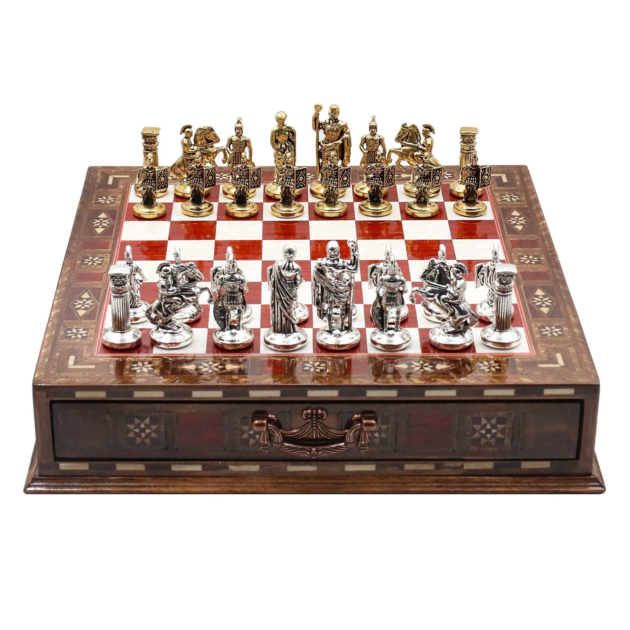Handmade Inlay Chess Set with Drawer Storage 30 CM (12") - Die Cast Metal Pieces | Roman Empire - Cooper Chess